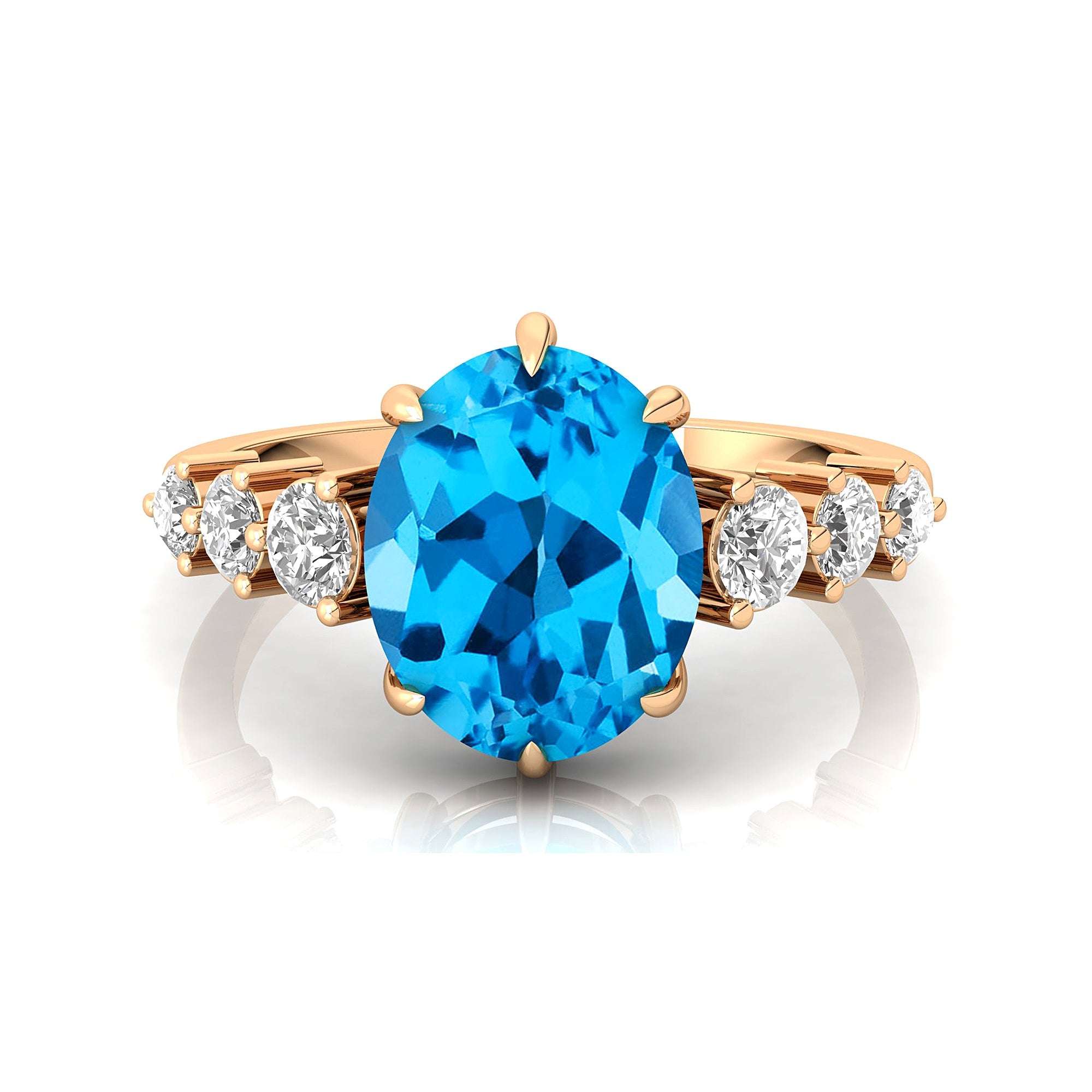 Oval Cut Swiss Blue Topaz with Graduated Diamonds Ring - GeumJewels