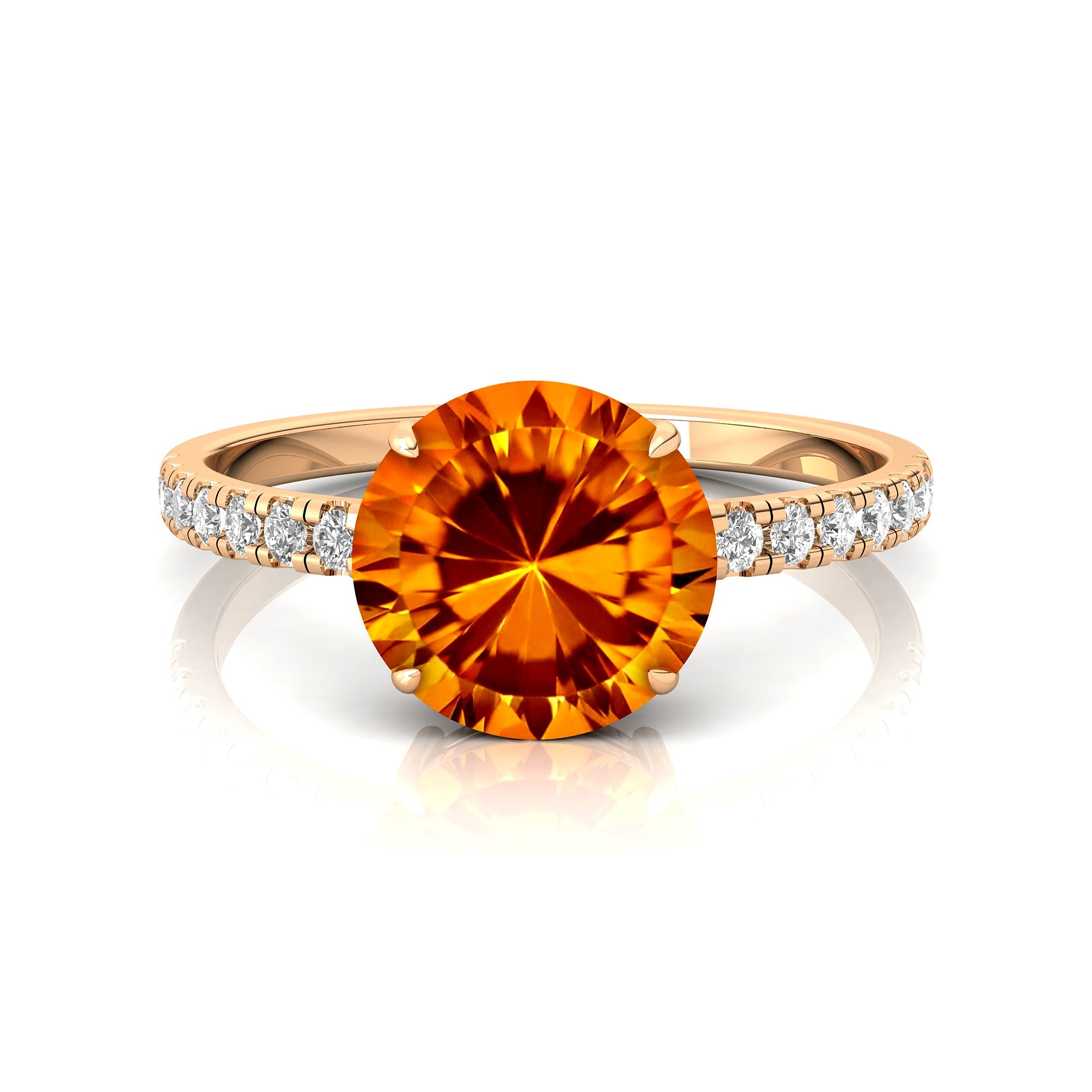 Classic Six Prong Round Solitaire Citrine Ring with Accent Diamond Band - GeumJewels