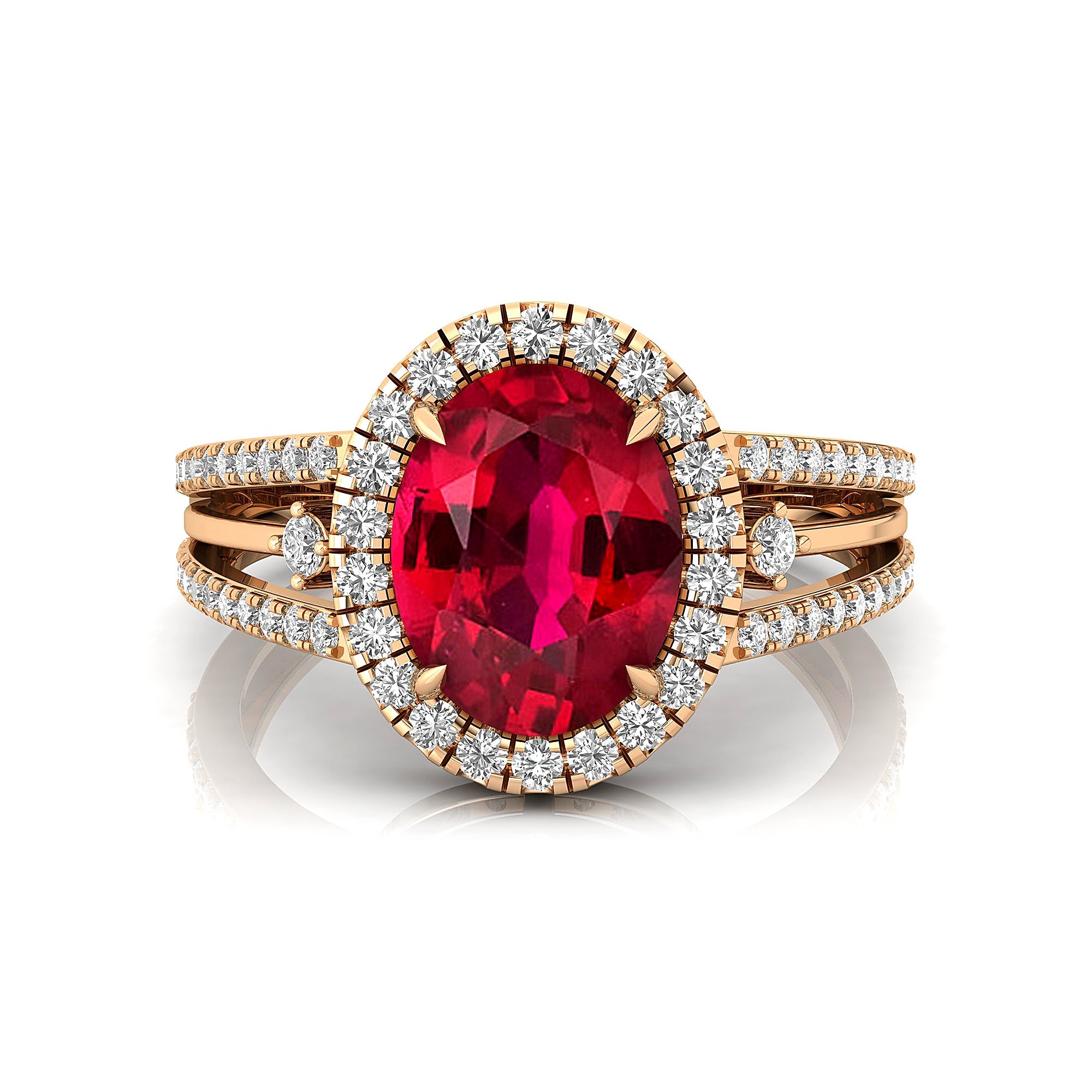 Solitaire Oval Ruby Split Shank Diamond Engagement Ring - GeumJewels