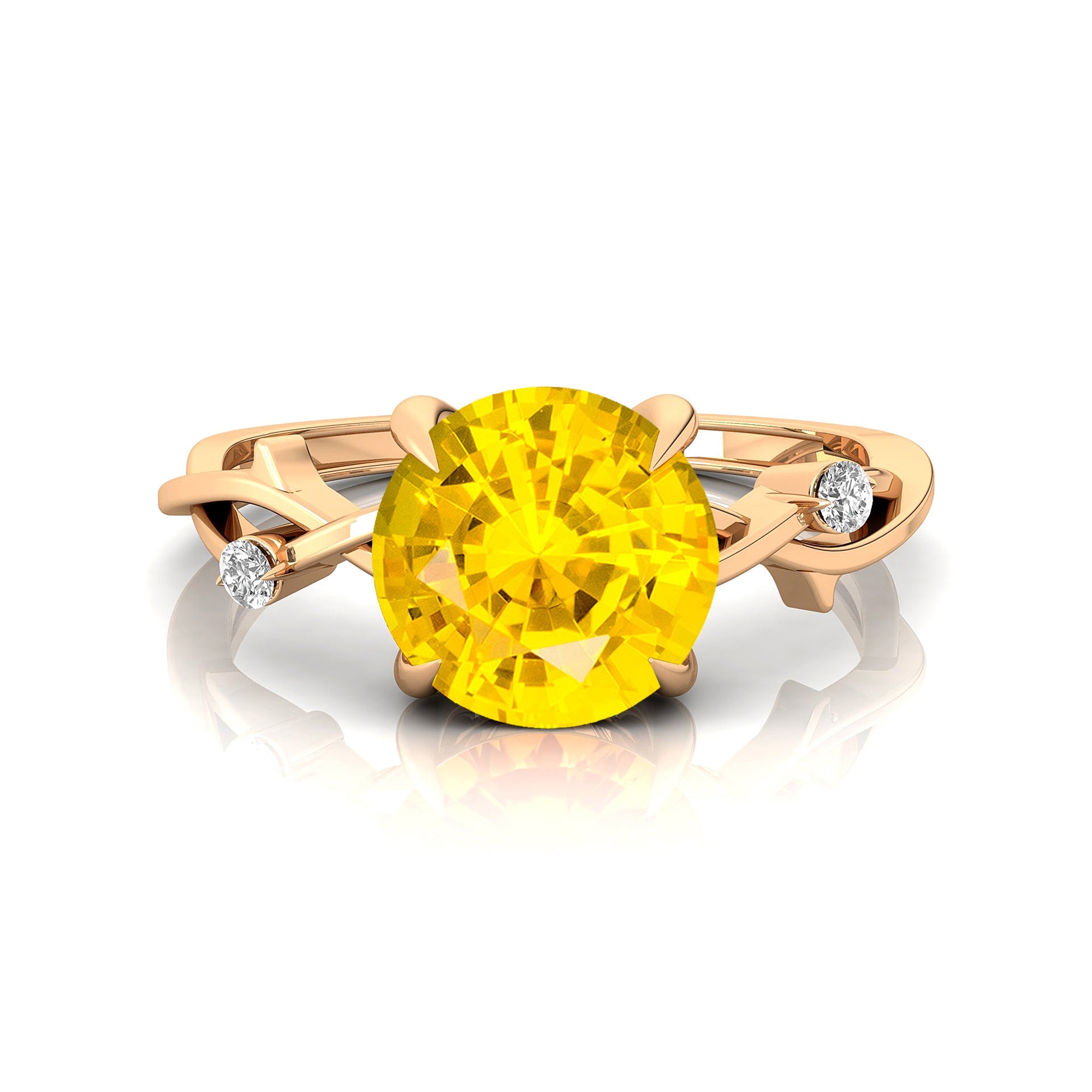 Criss Cross Nature Inspired Diamond Ring  with Round Yellow Sapphire - GeumJewels