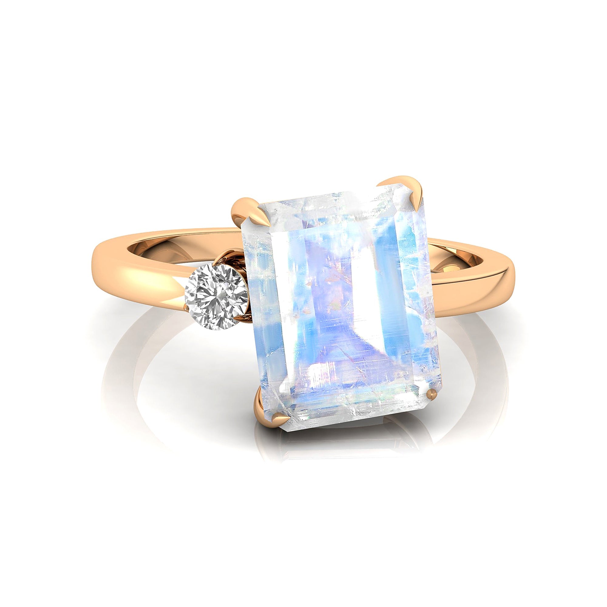 Emerald Shaped Moonstone with 3mm Accent Solitaire Engagement Ring - GeumJewels