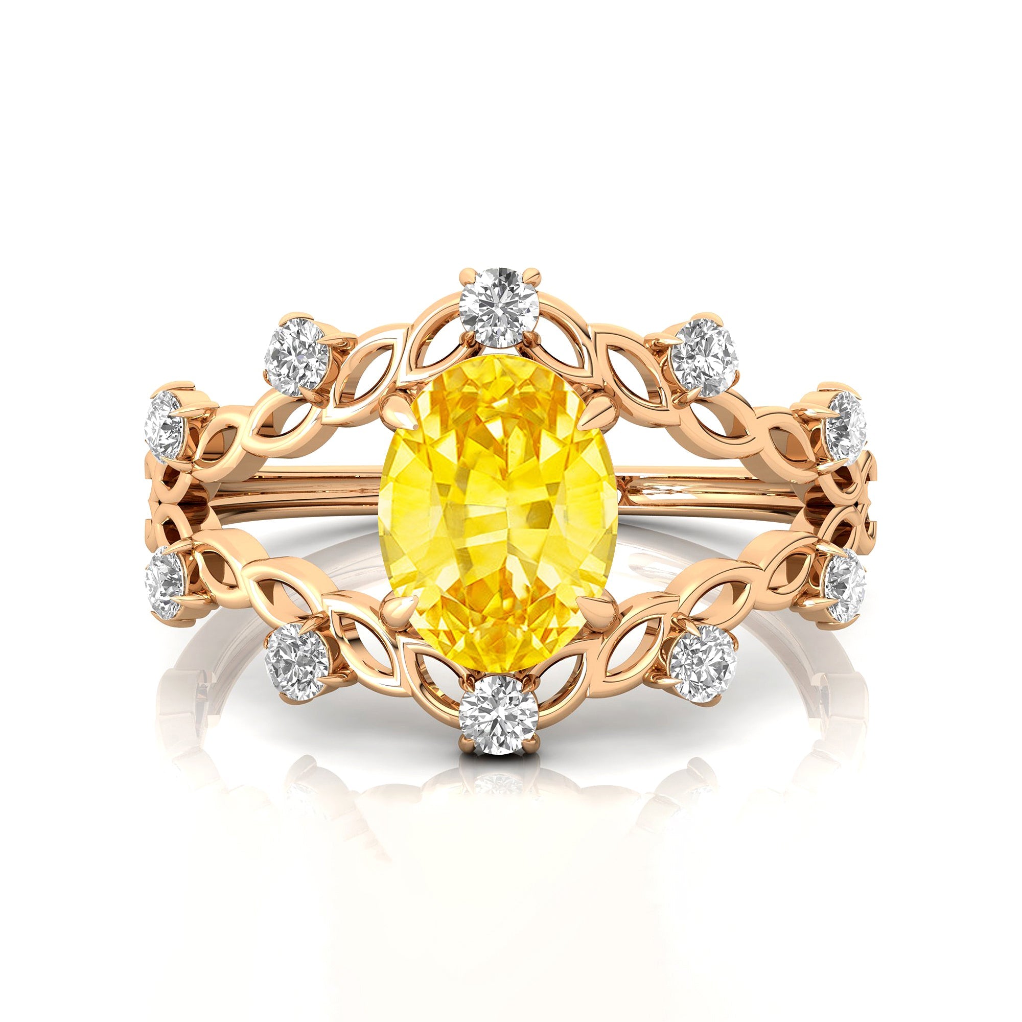 Flower Inspired Ring with Oval Shaped Yellow Sapphire and Accent Diamonds - GeumJewels