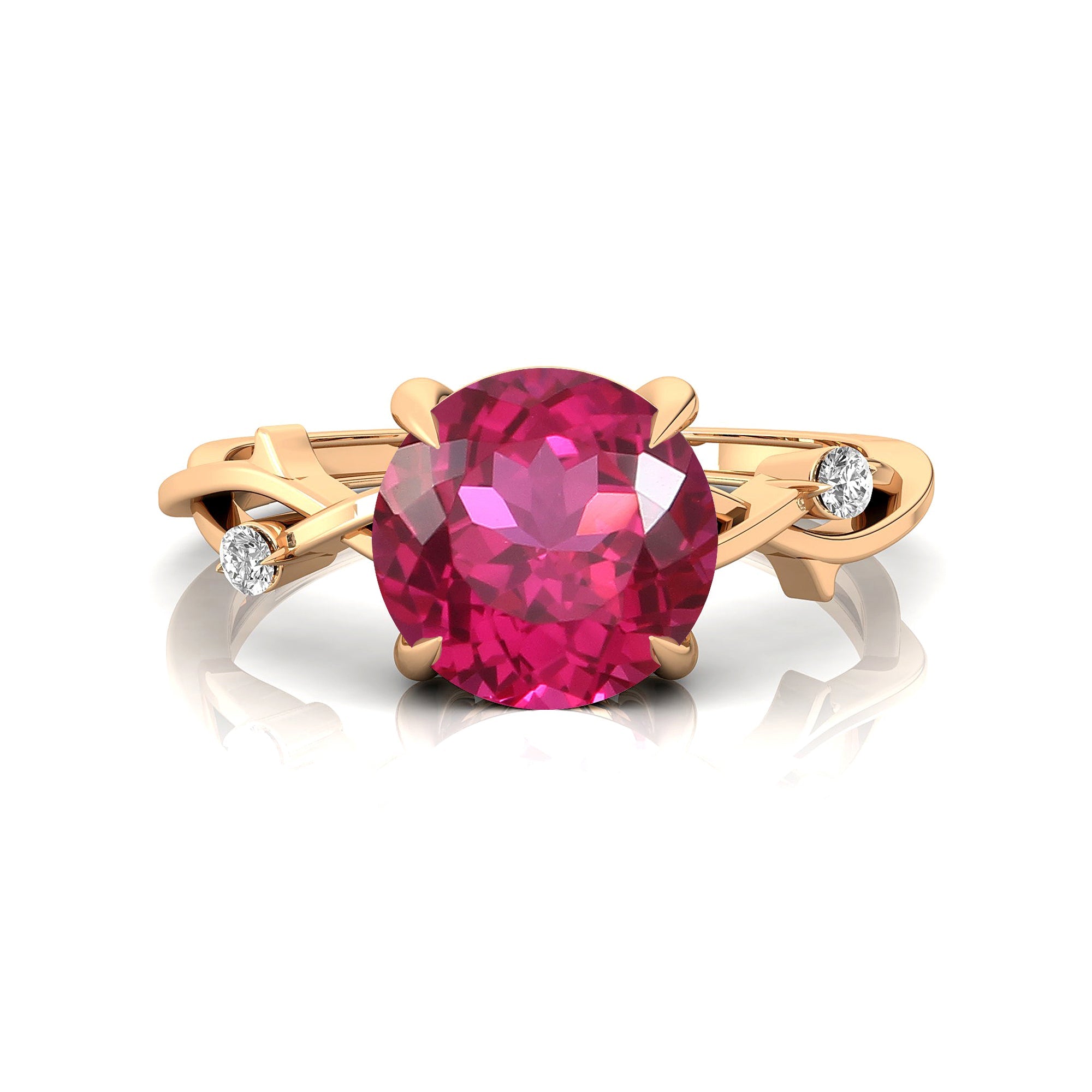 Criss Cross Nature Inspired Diamond Ring  with Round Pink Sapphire - GeumJewels