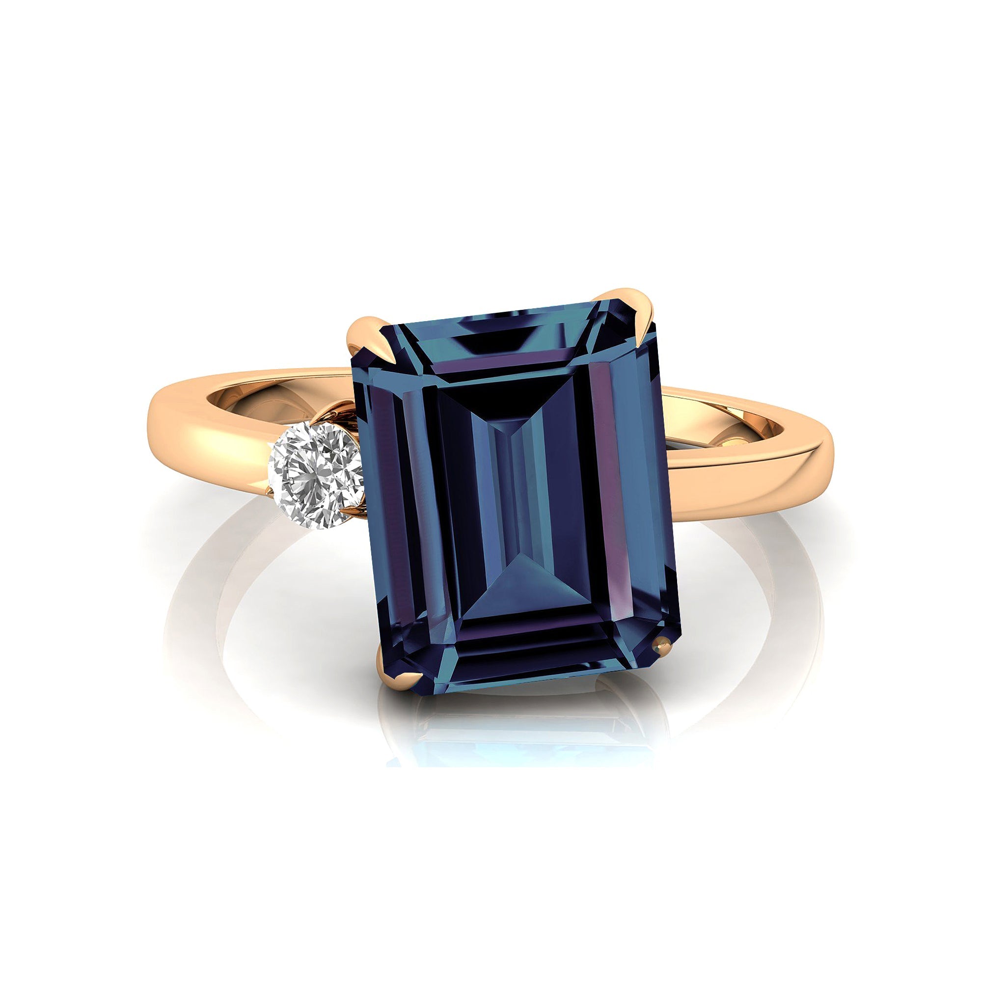 Emerald Shaped Alexandrite with 3mm Accent Solitaire Engagement Ring - GeumJewels