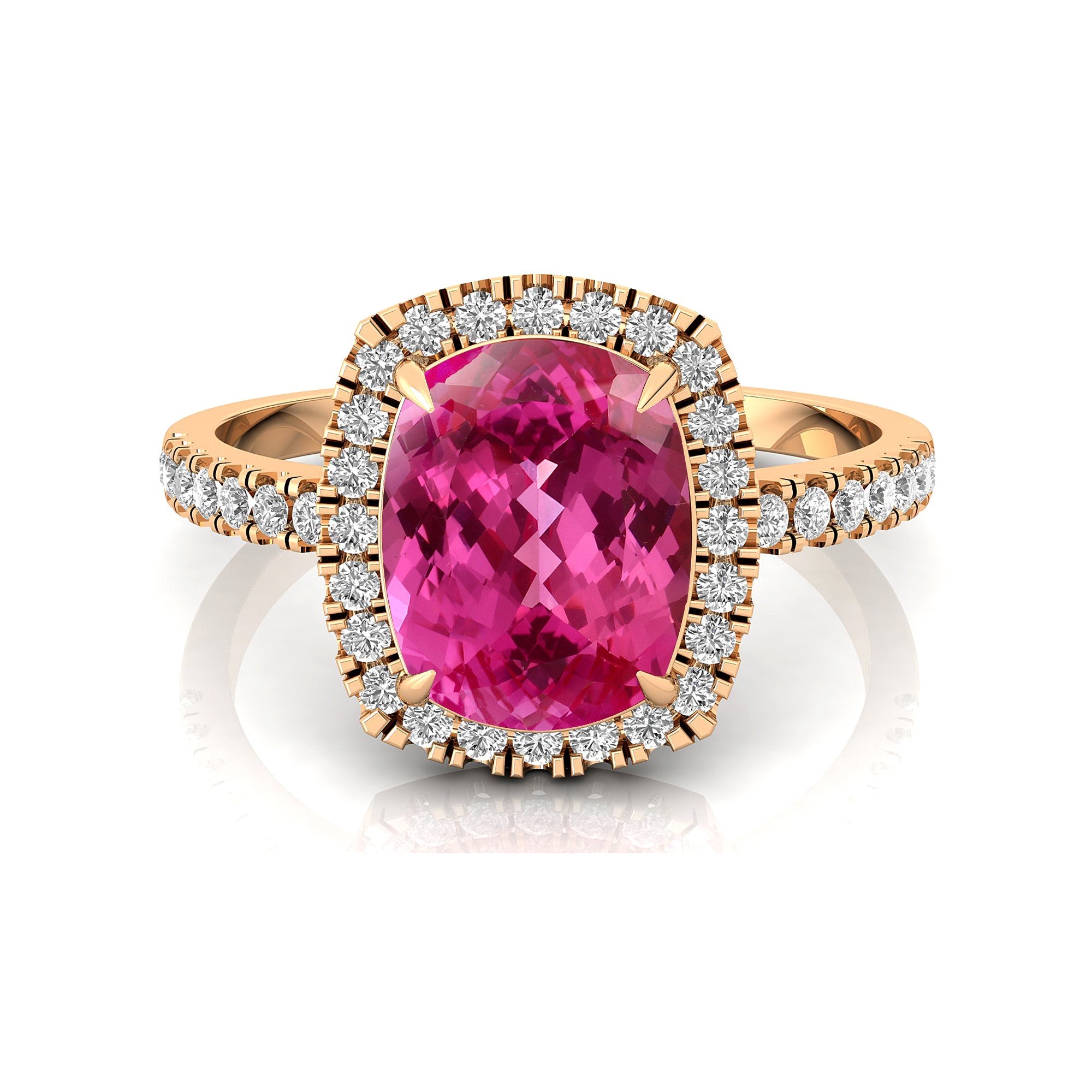 Elongated Cushion Halo Set Pink Sapphire Engagement Ring with Diamond Band - GeumJewels