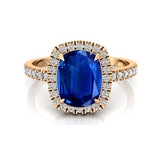 Elongated Cushion Halo Set Blue Sapphire Engagement Ring with Diamond Band - GeumJewels