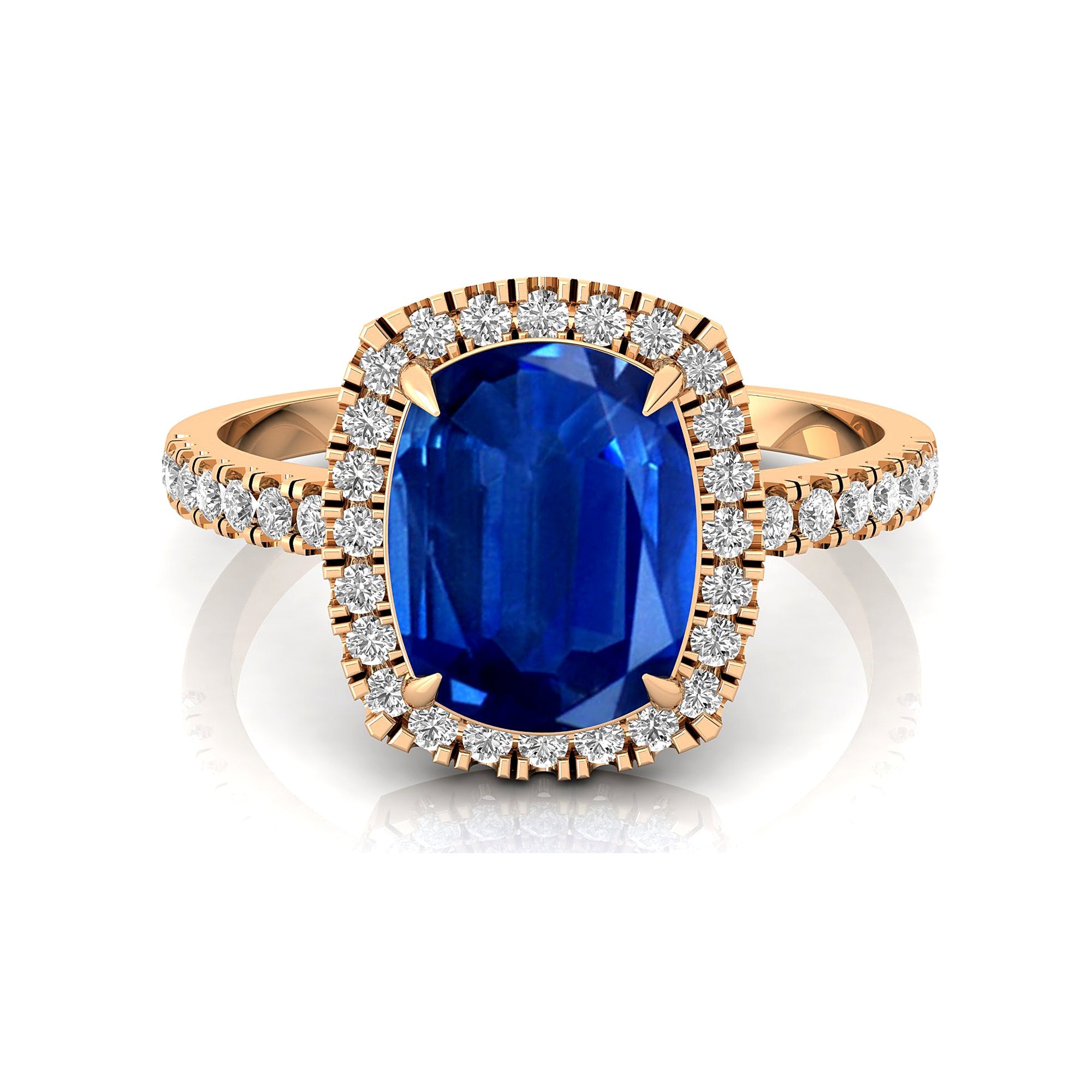 Elongated Cushion Halo Set Blue Sapphire Engagement Ring with Diamond Band - GeumJewels