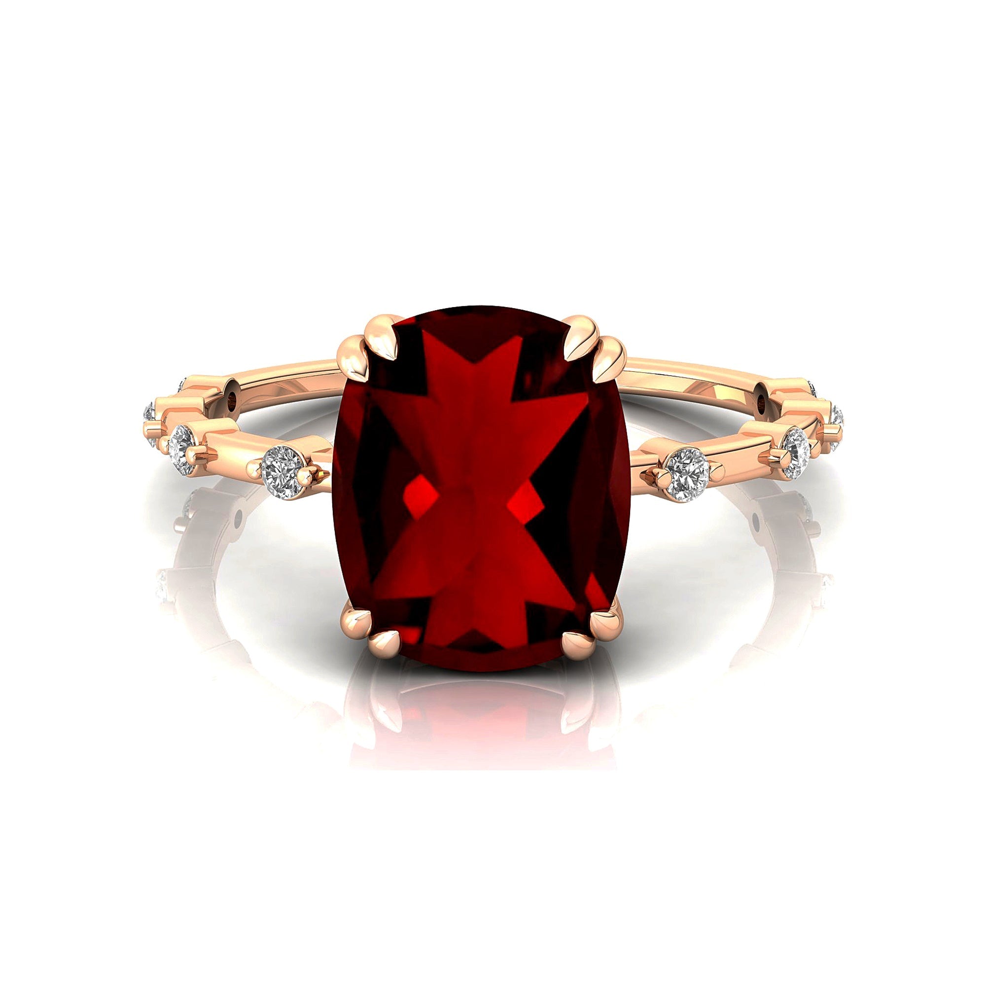 Cushion Cut Garnet Engagement Ring with Distant Diamond Band - GeumJewels