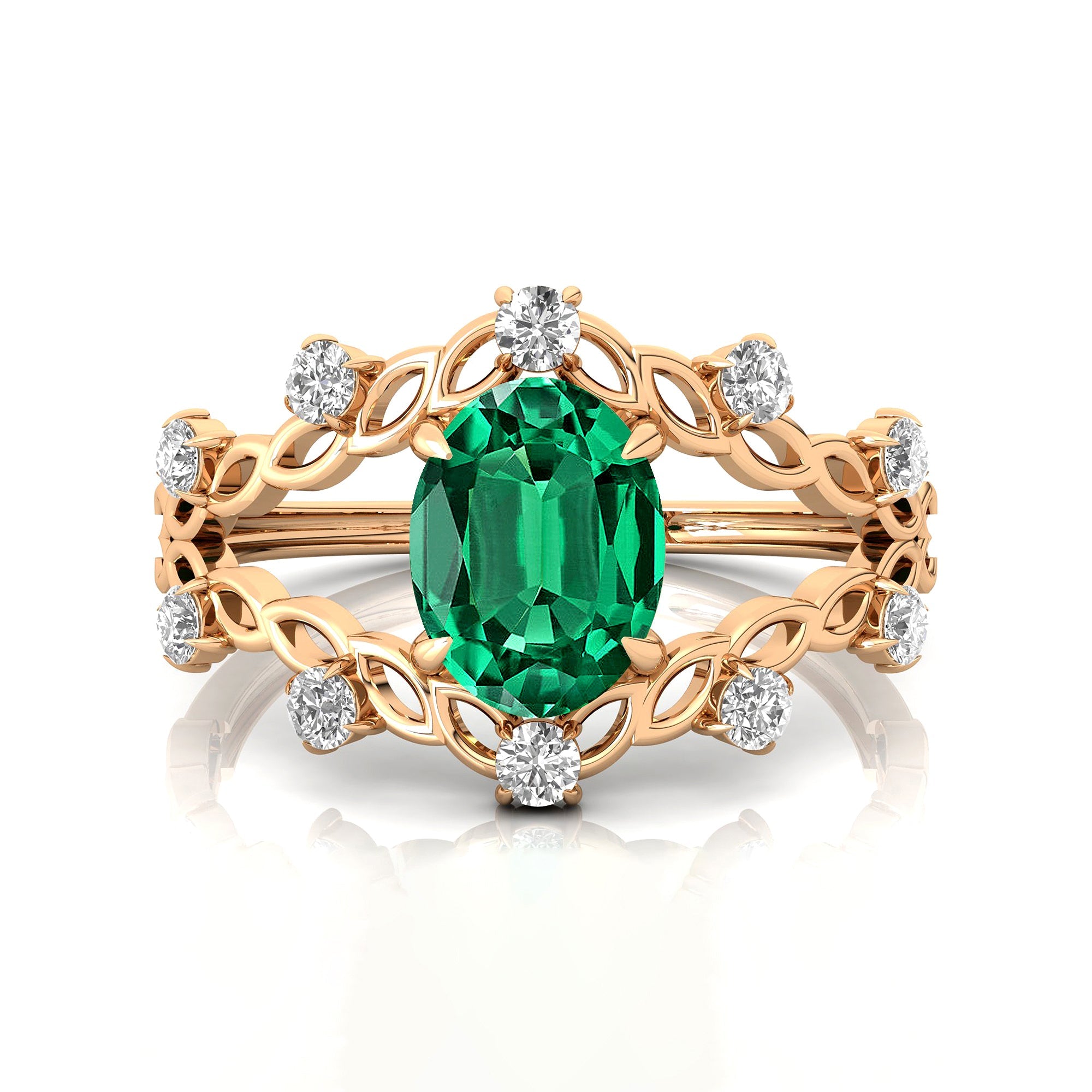 Flower Inspired Ring with Oval Shaped Emerald and Accent Diamonds - GeumJewels