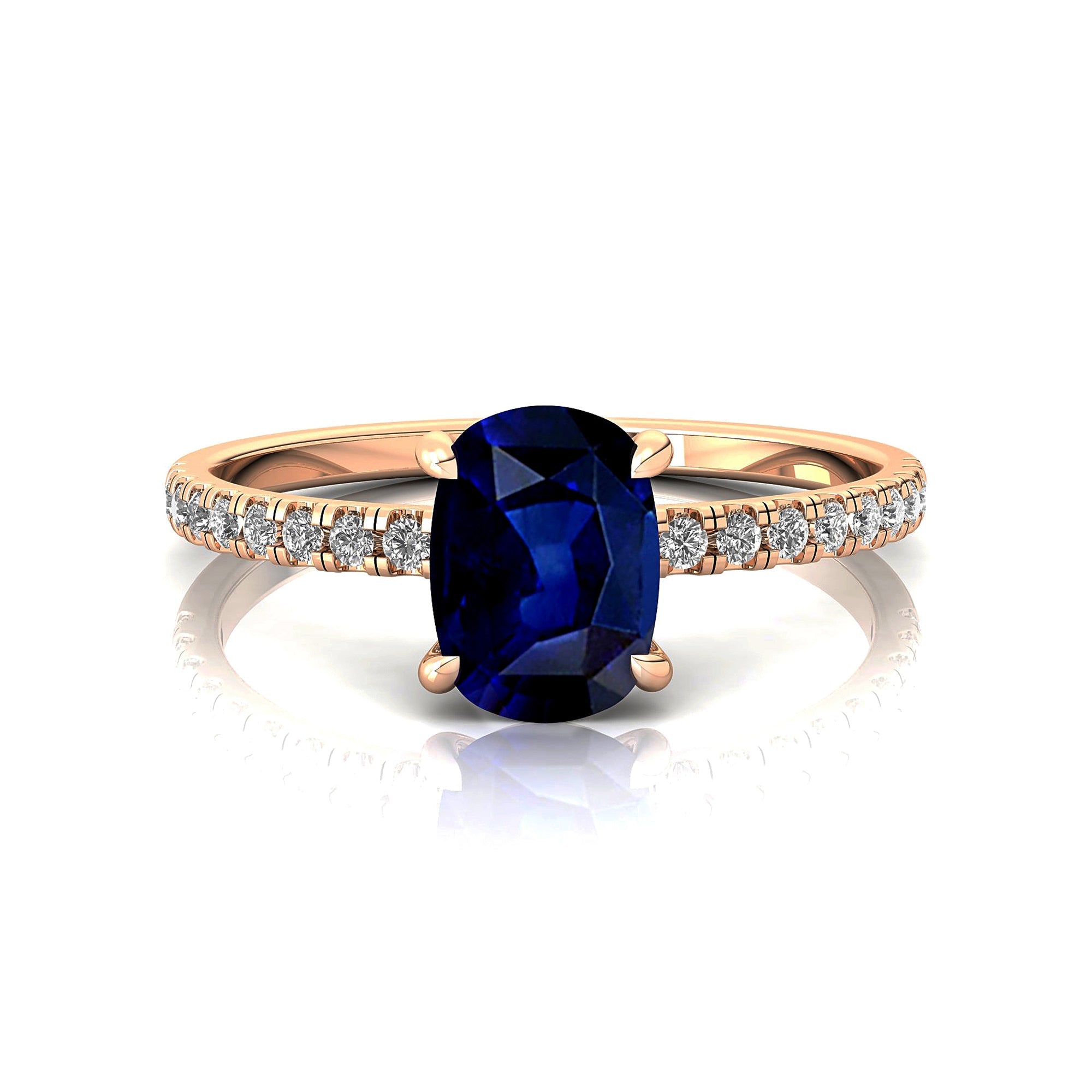 Long Cushion Blue Sapphire Thin Diamond Promise Ring - GeumJewels