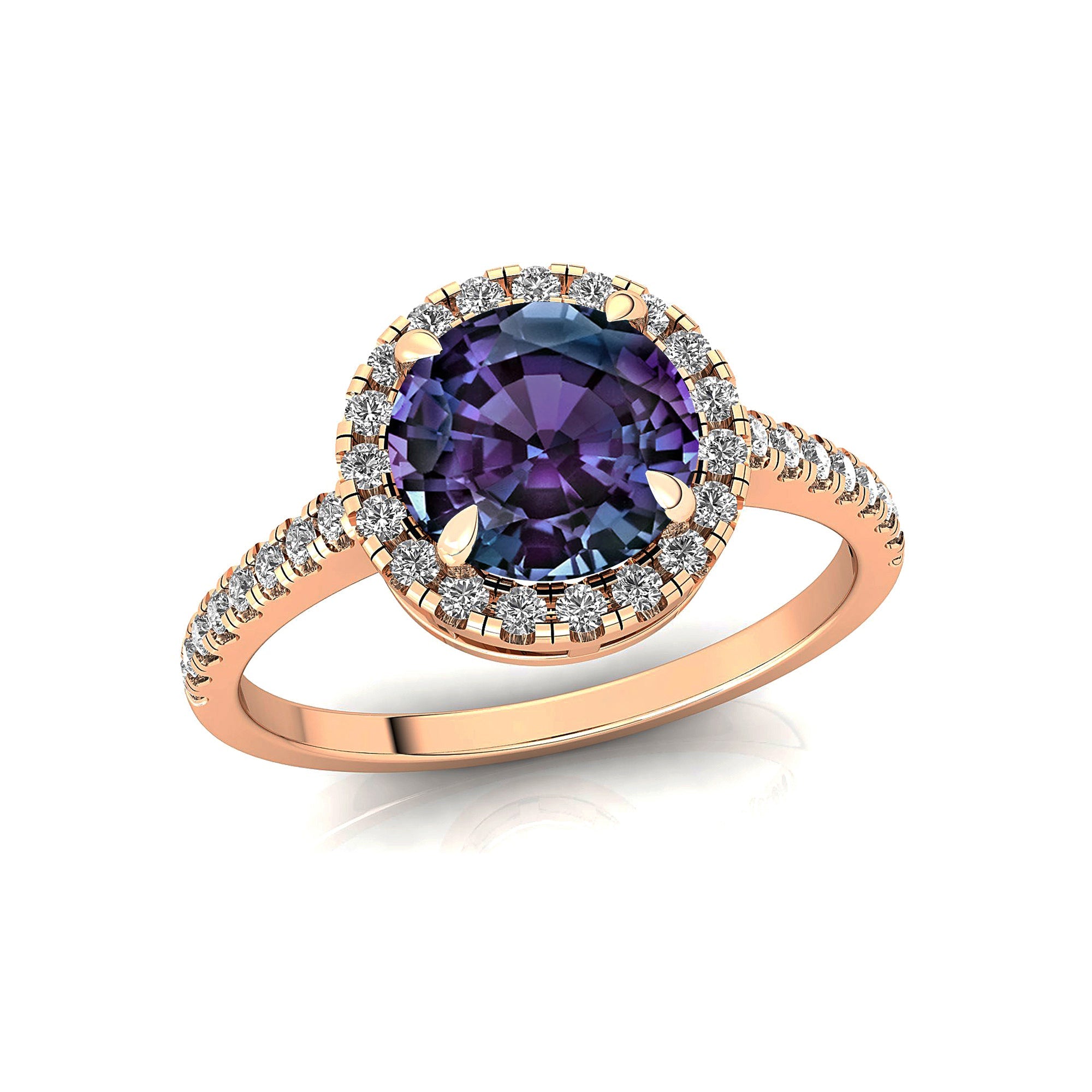 Classic Round Halo Diamonds with Solitaire Alexandrite Engagement Ring - GeumJewels