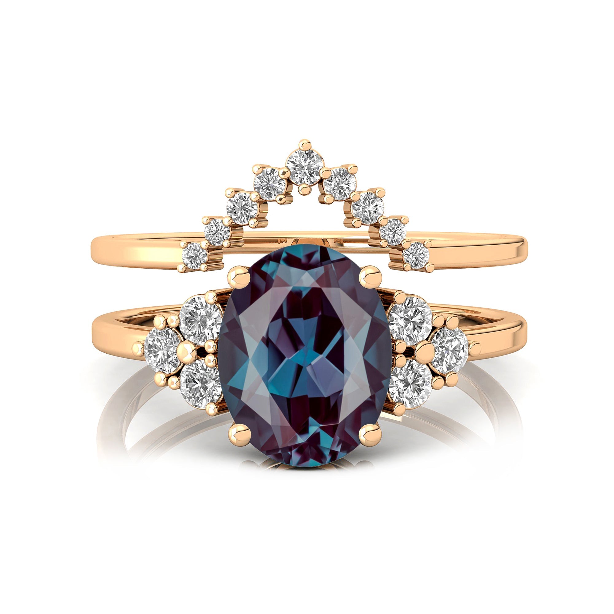 Alexandrite Solitaire Gold Ring With Stackable Diamond Band - GeumJewels