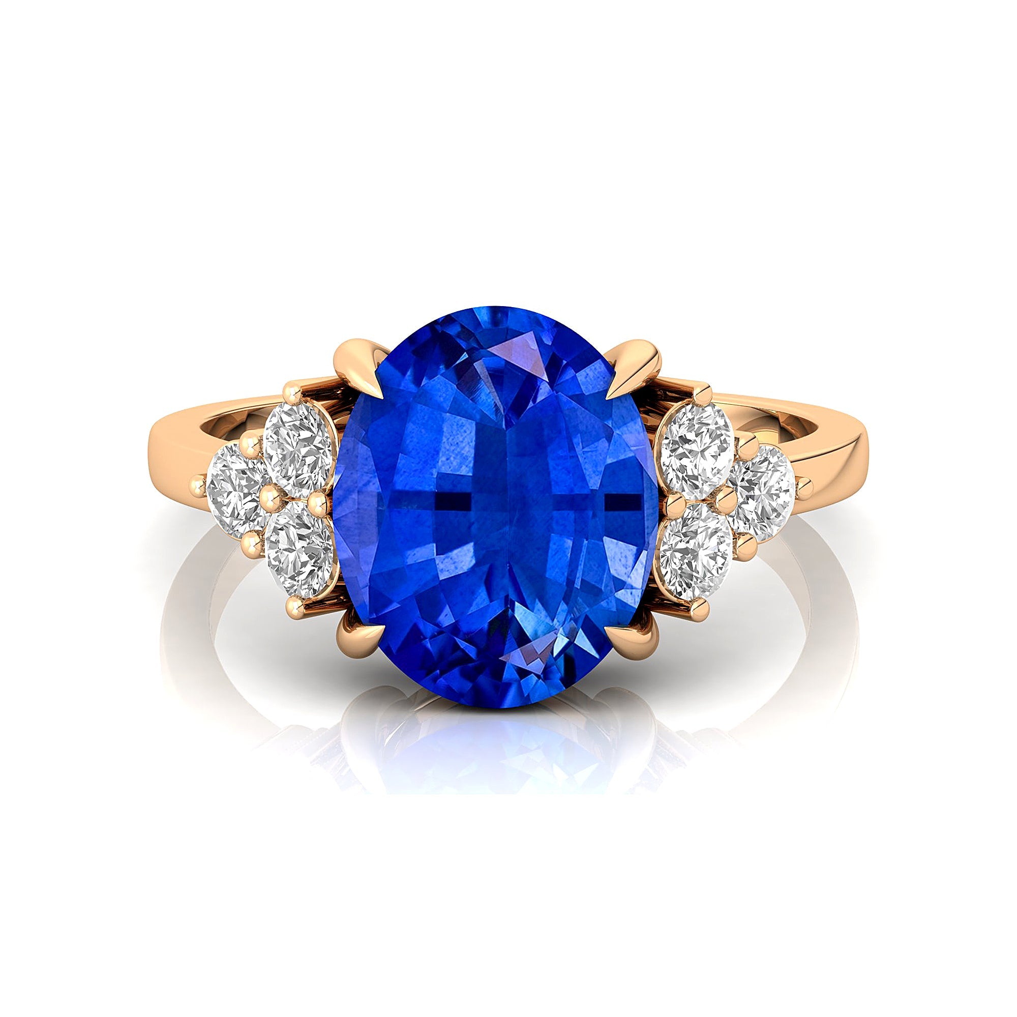 Trio Diamond Engagement Ring with Oval Cut Blue Sapphire - GeumJewels