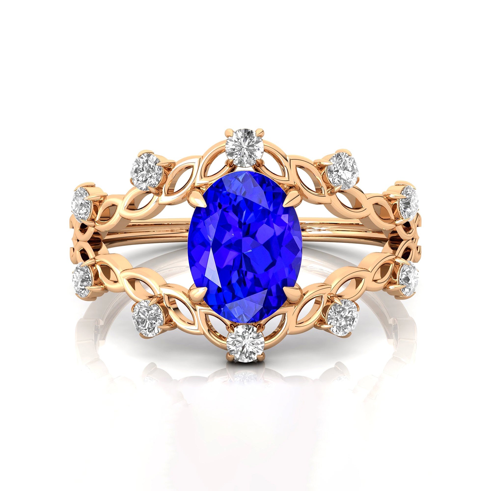Flower Inspired Ring with Oval Shaped Tanzanite and Accent Diamonds - GeumJewels