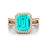 Halo Set Emerald Shaped Paraiba Tourmaline Split Shank Ring with Accent Diamonds - GeumJewels