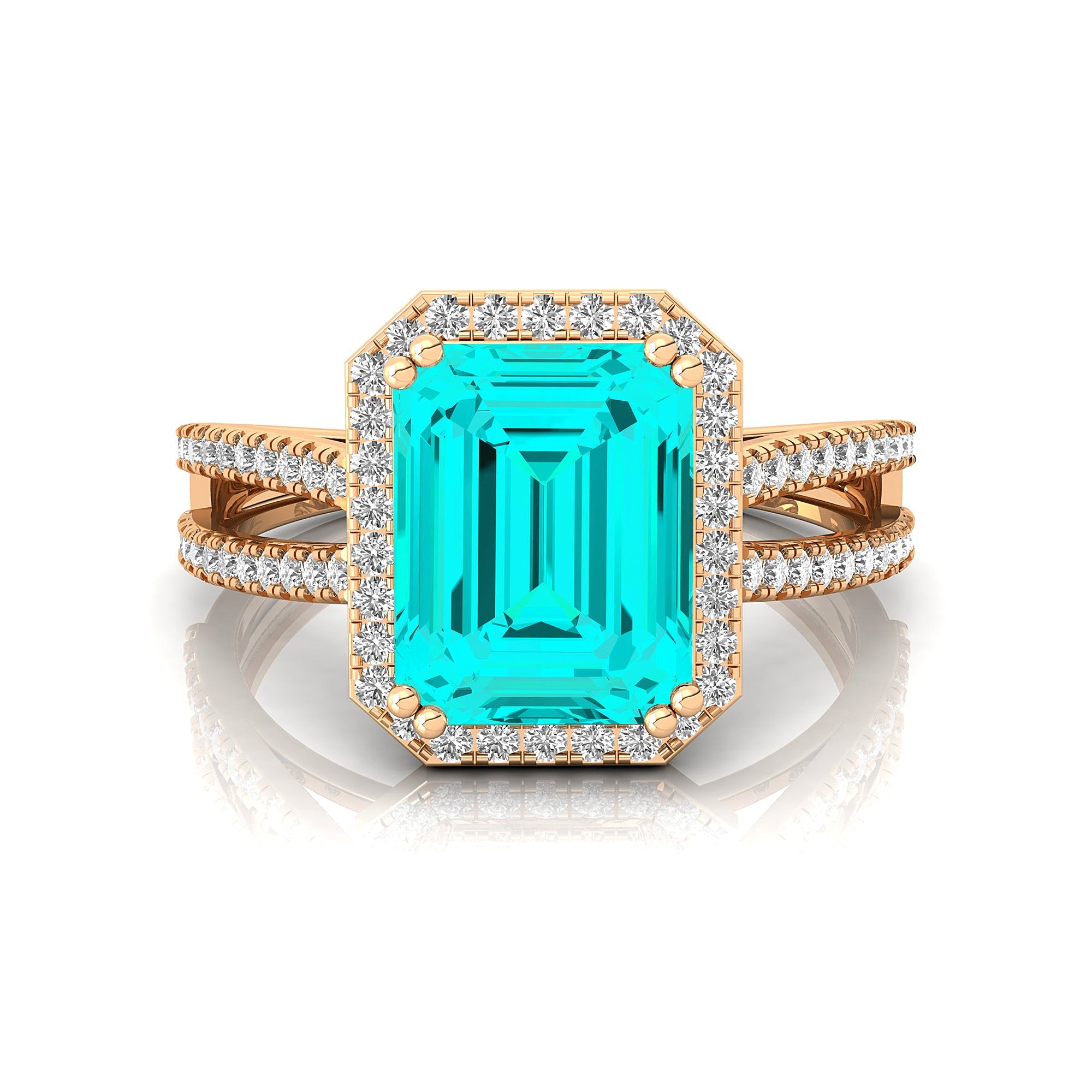 Halo Set Emerald Shaped Paraiba Tourmaline Split Shank Ring with Accent Diamonds - GeumJewels