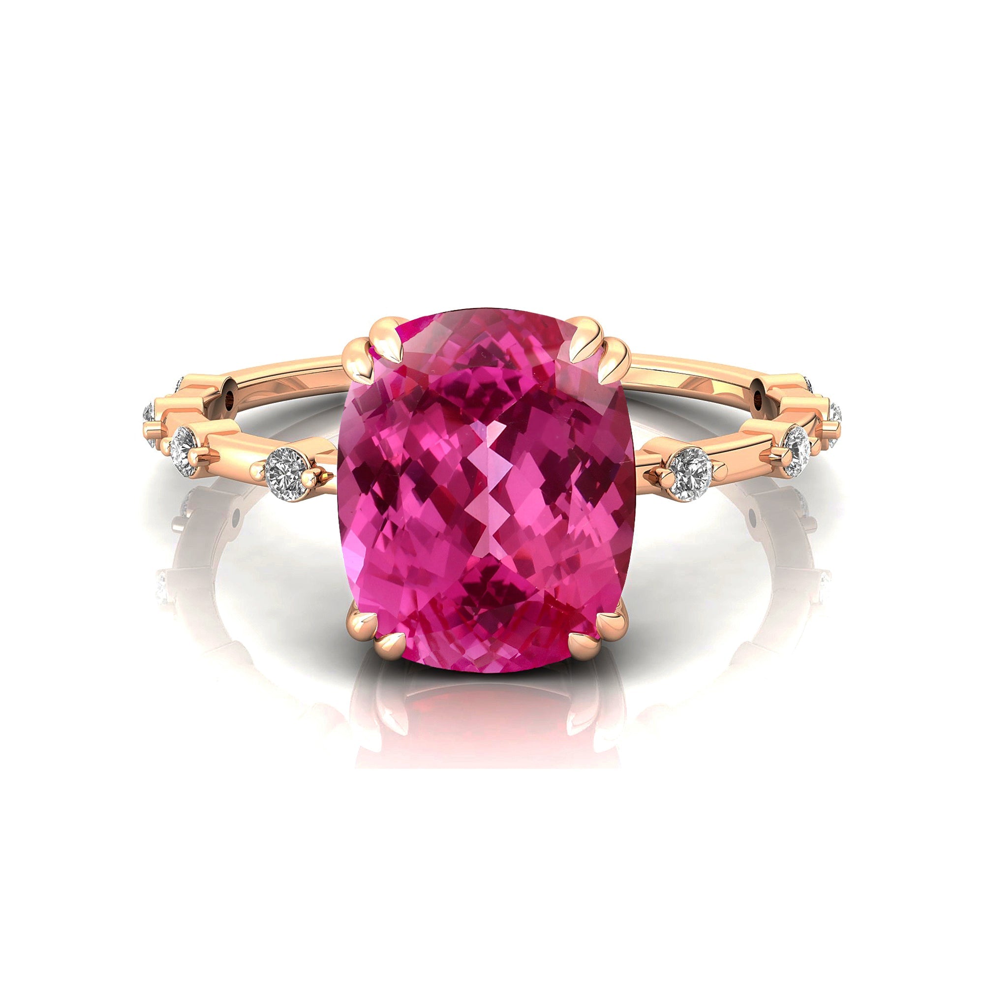 Cushion Cut Pink Sapphire Engagement Ring with Distant Diamond Band - GeumJewels