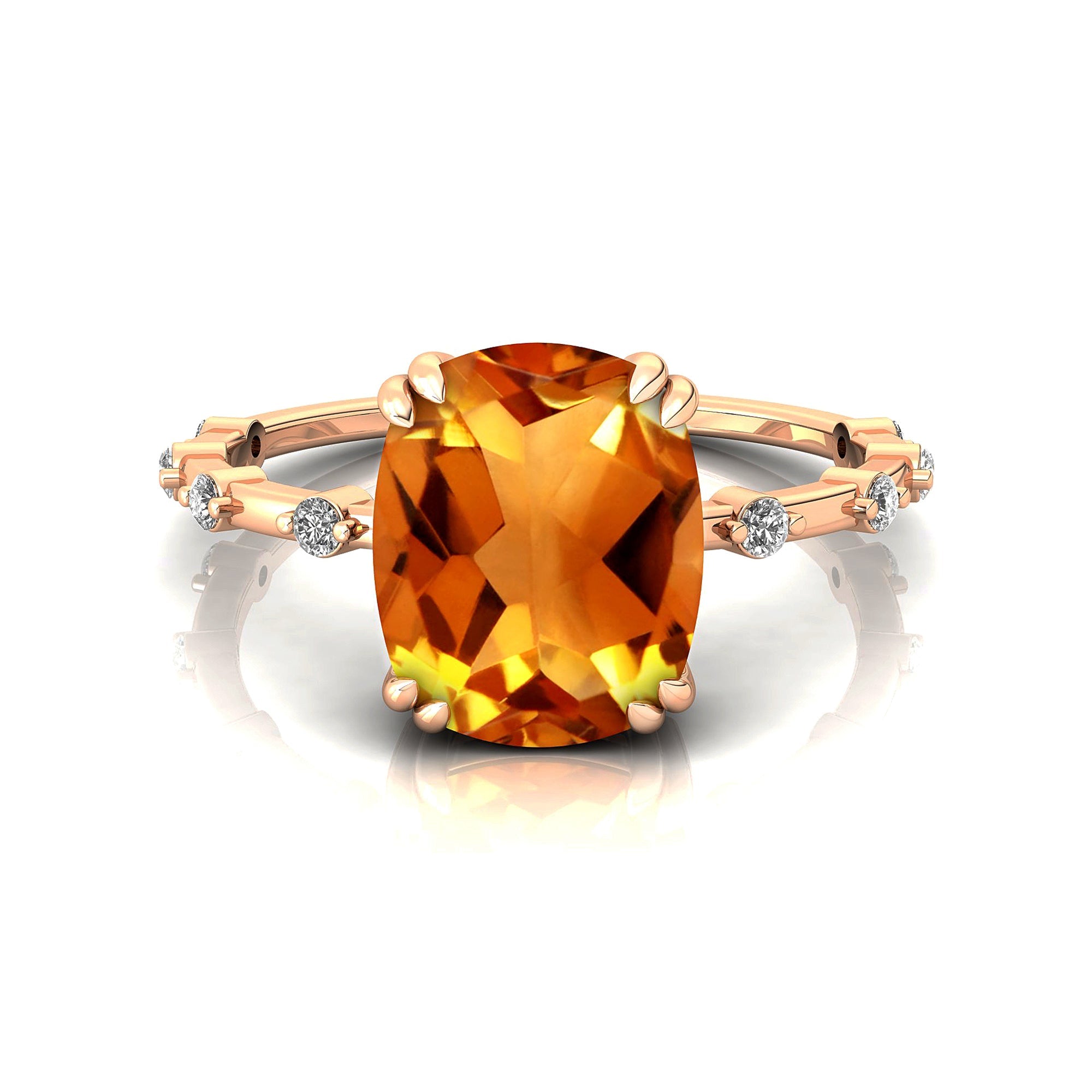 Cushion Cut Citrine Engagement Ring with Distant Diamond Band - GeumJewels