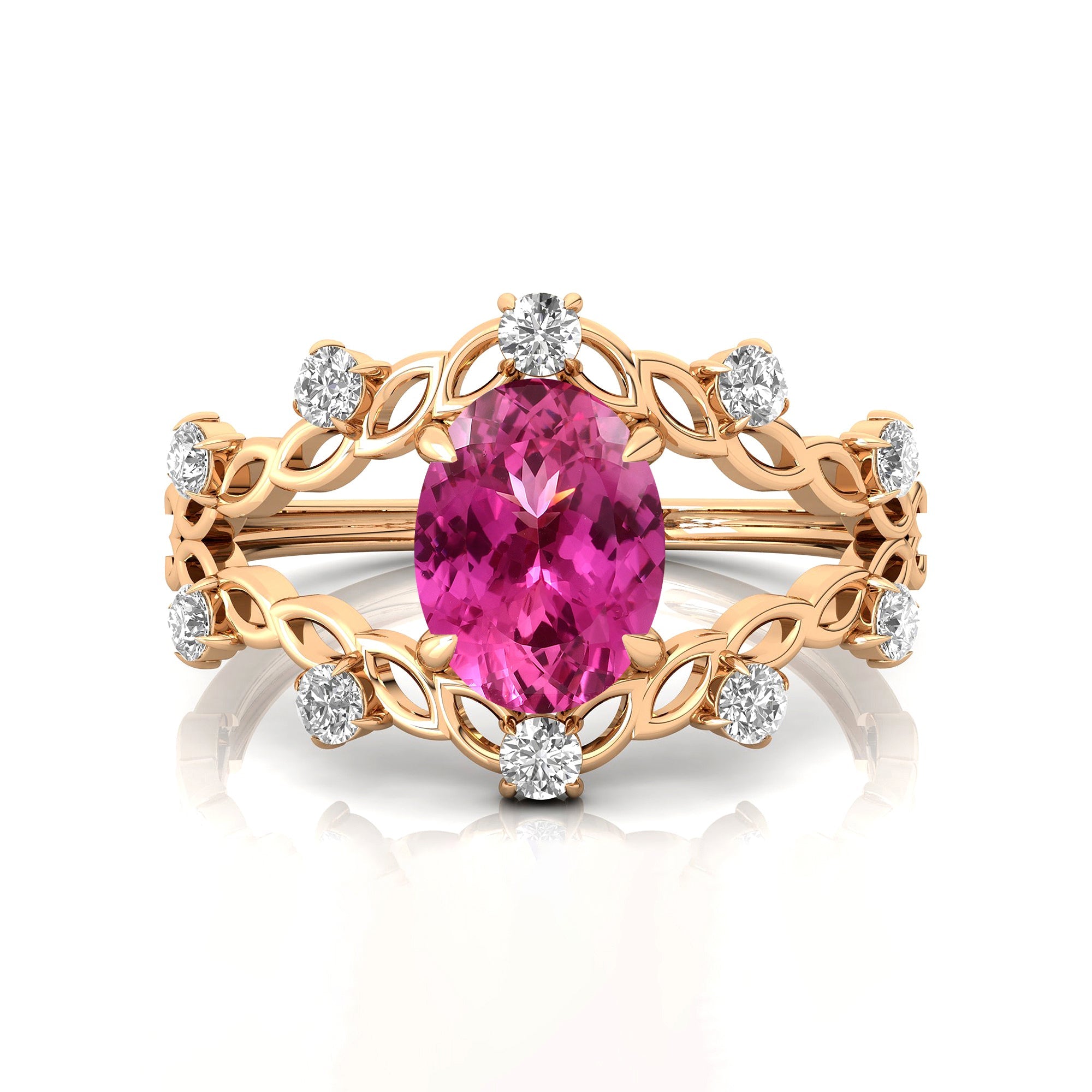 Flower Inspired Ring with Oval Shaped Pink Sapphire and Accent Diamonds - GeumJewels