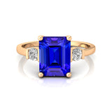 Emerald Cut Tanzanite and Diamond Three Stone Ring - GeumJewels