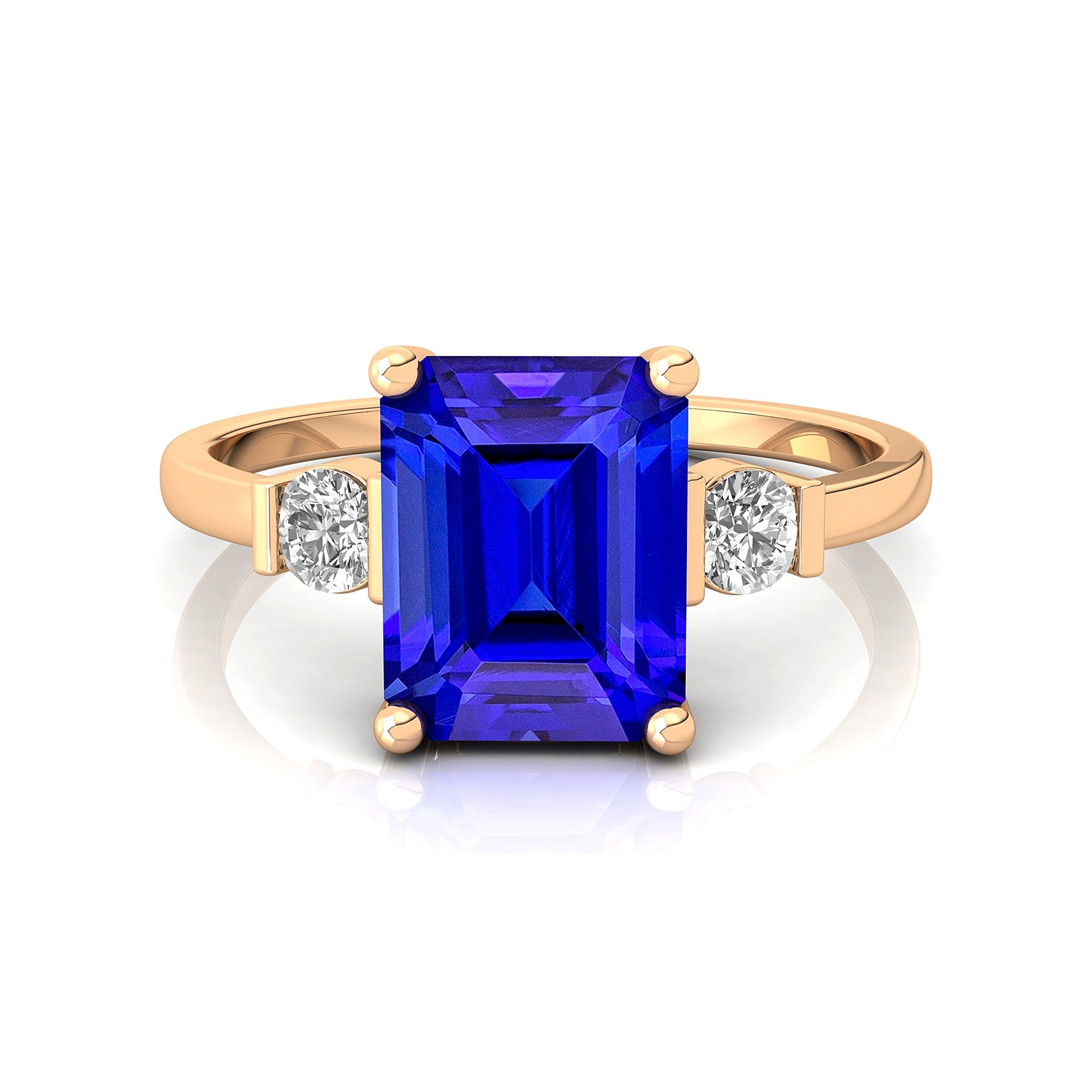 Emerald Cut Tanzanite and Diamond Three Stone Ring - GeumJewels
