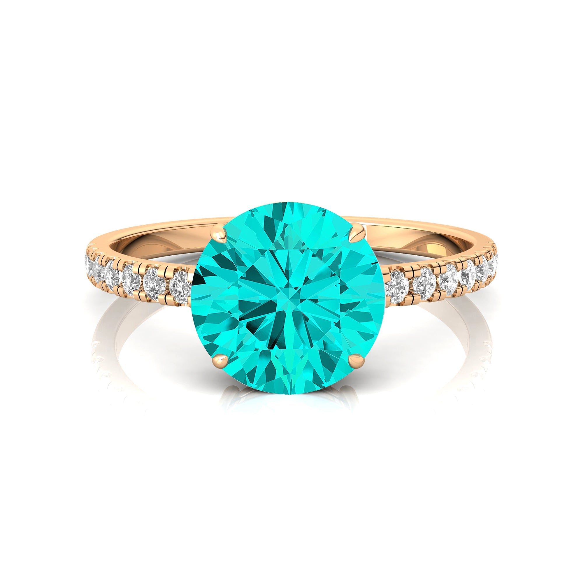 Classic Six Prong Round Solitaire Paraiba Tourmaline Ring with Accent Diamond Band - GeumJewels