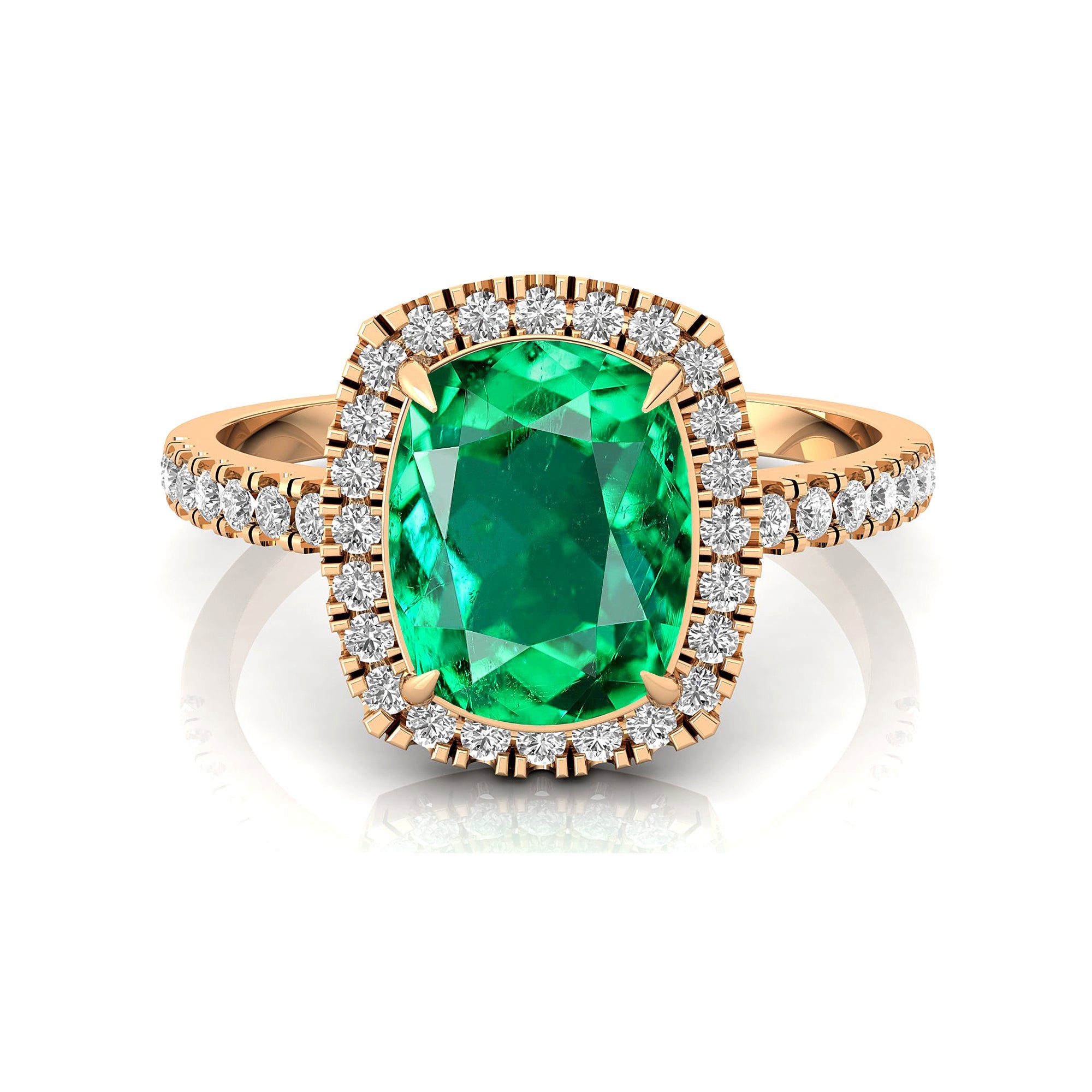 Elongated Cushion Halo Set Emerald Engagement Ring with Diamond Band - GeumJewels