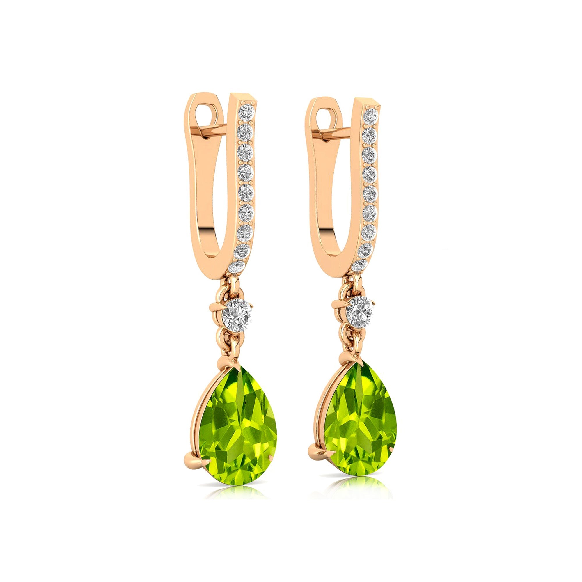 Lever Back Diamond Drop Earrings with Pear Cut Peridot - GeumJewels