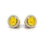 Round Solitaire Yellow Sapphire Halo Diamond Stud Earrings - GeumJewels