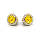 Round Solitaire Yellow Sapphire Halo Diamond Stud Earrings - GeumJewels