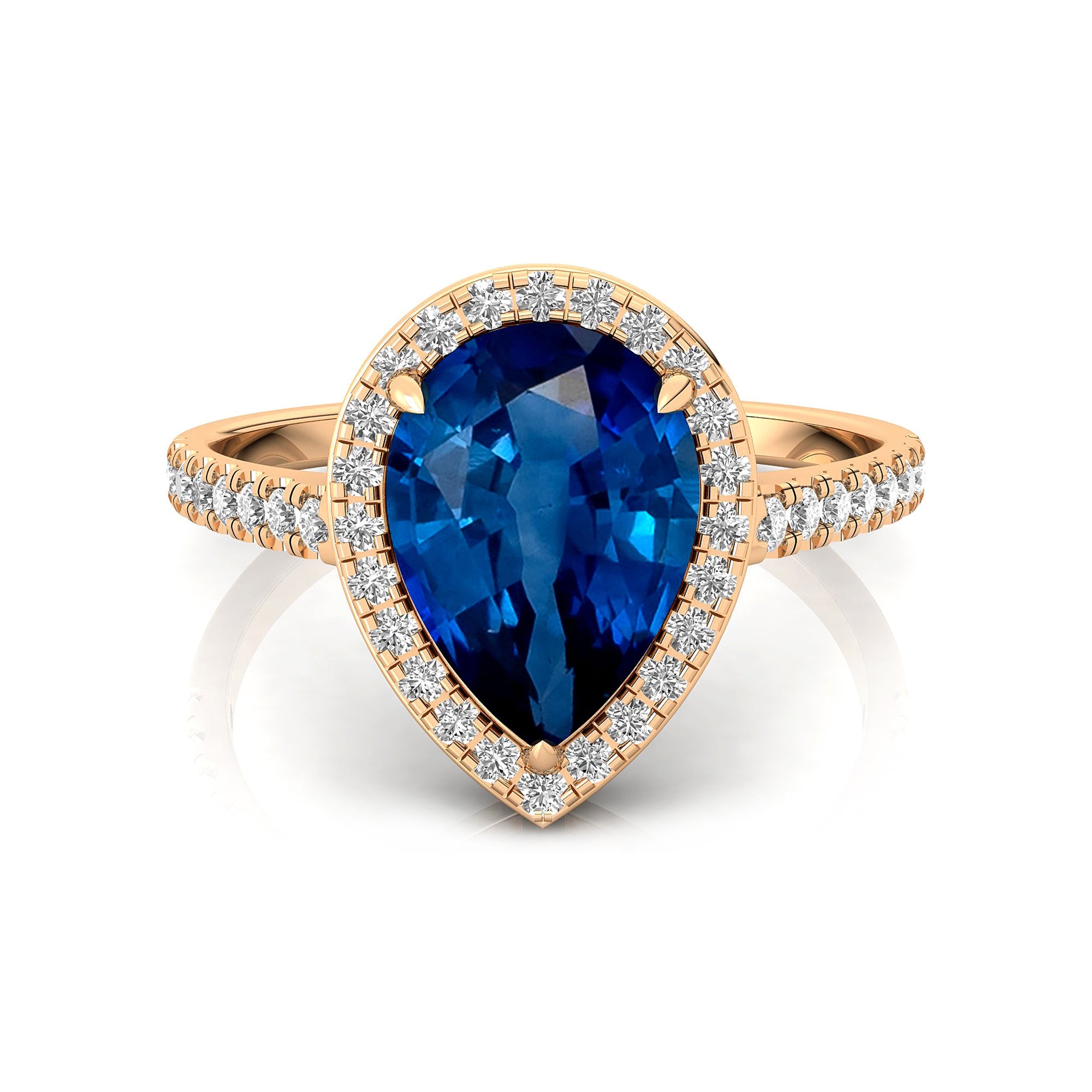 Classic Pear Shaped Blue Sapphire Halo Diamond Engagement Ring - GeumJewels