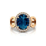 Vintage Love Inspired Oval London Blue Topaz Halo Diamond Engagement Ring - GeumJewels