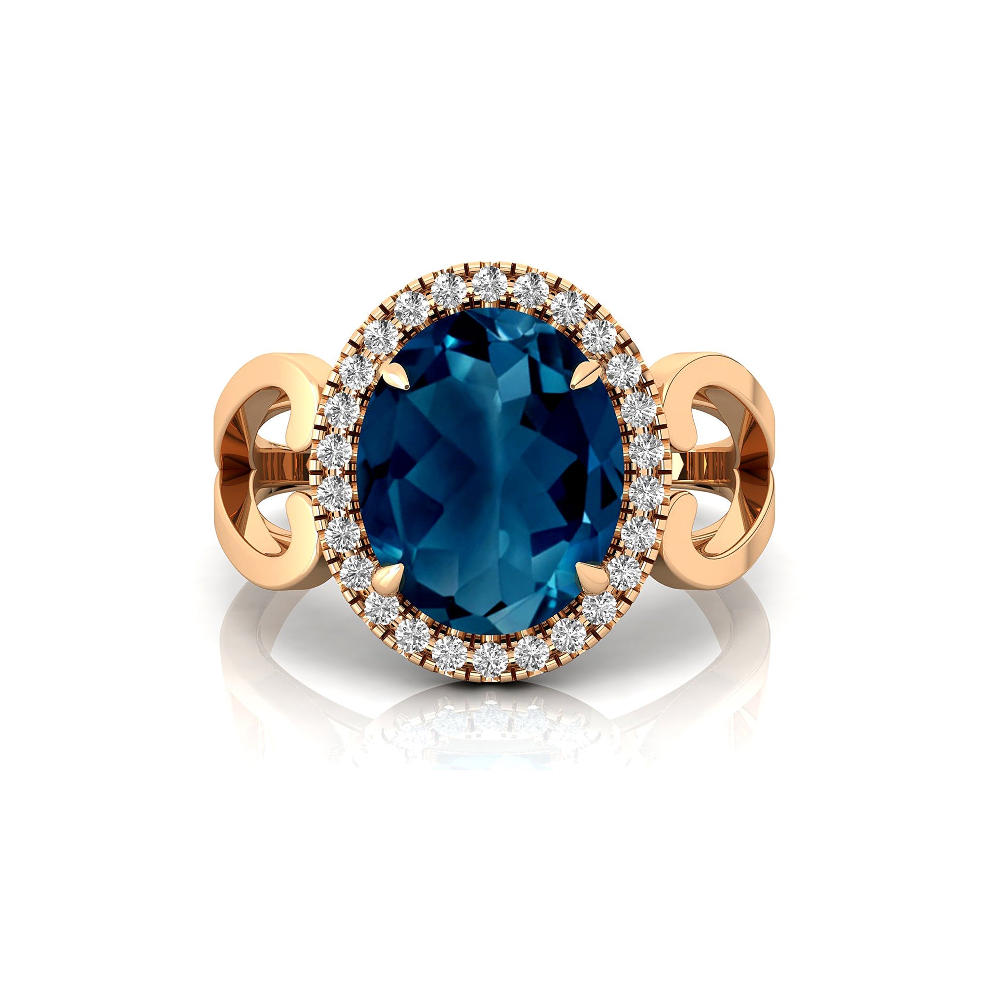 Vintage Love Inspired Oval London Blue Topaz Halo Diamond Engagement Ring - GeumJewels