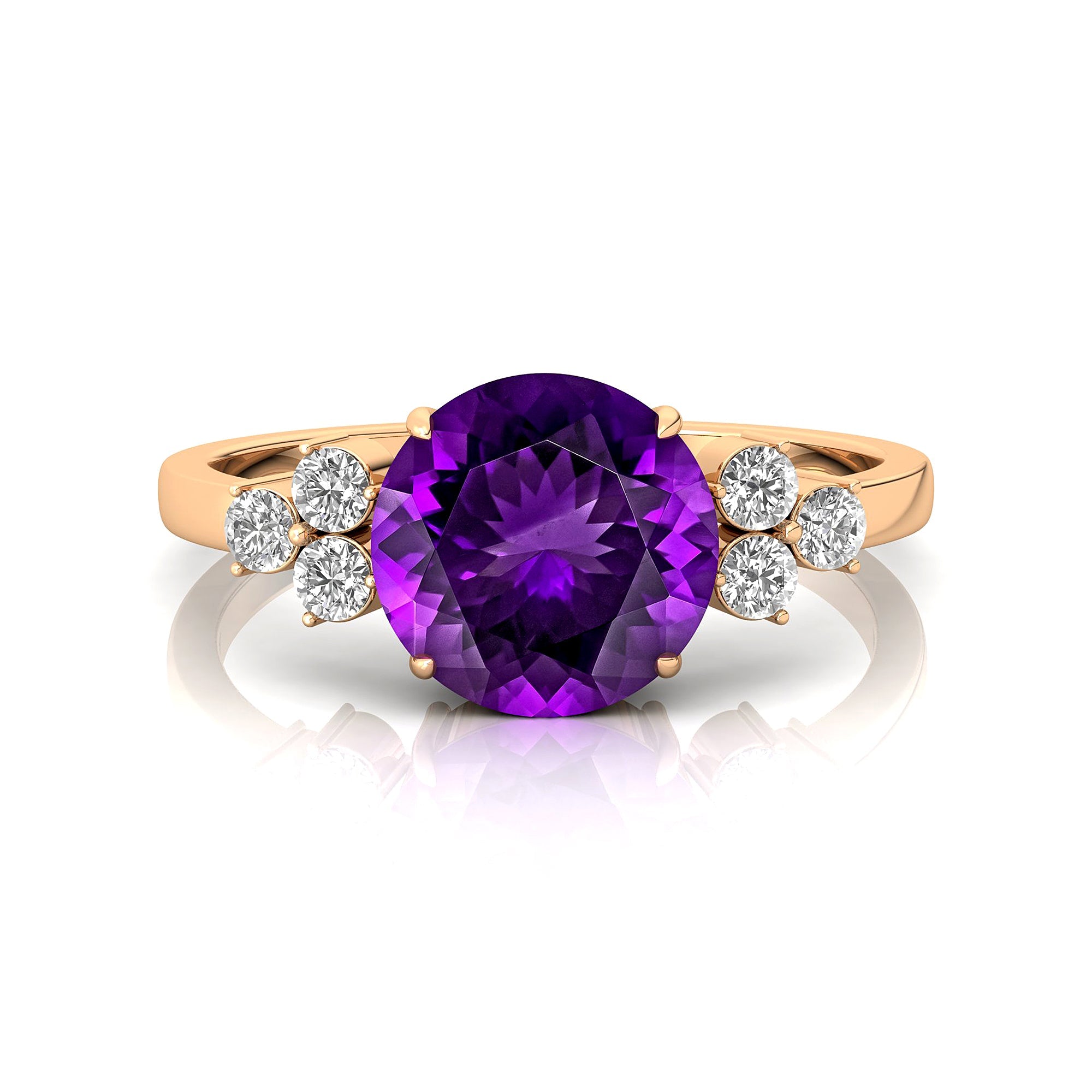 Trio Diamond Engagement Ring with Round Solitaire Amethyst - GeumJewels