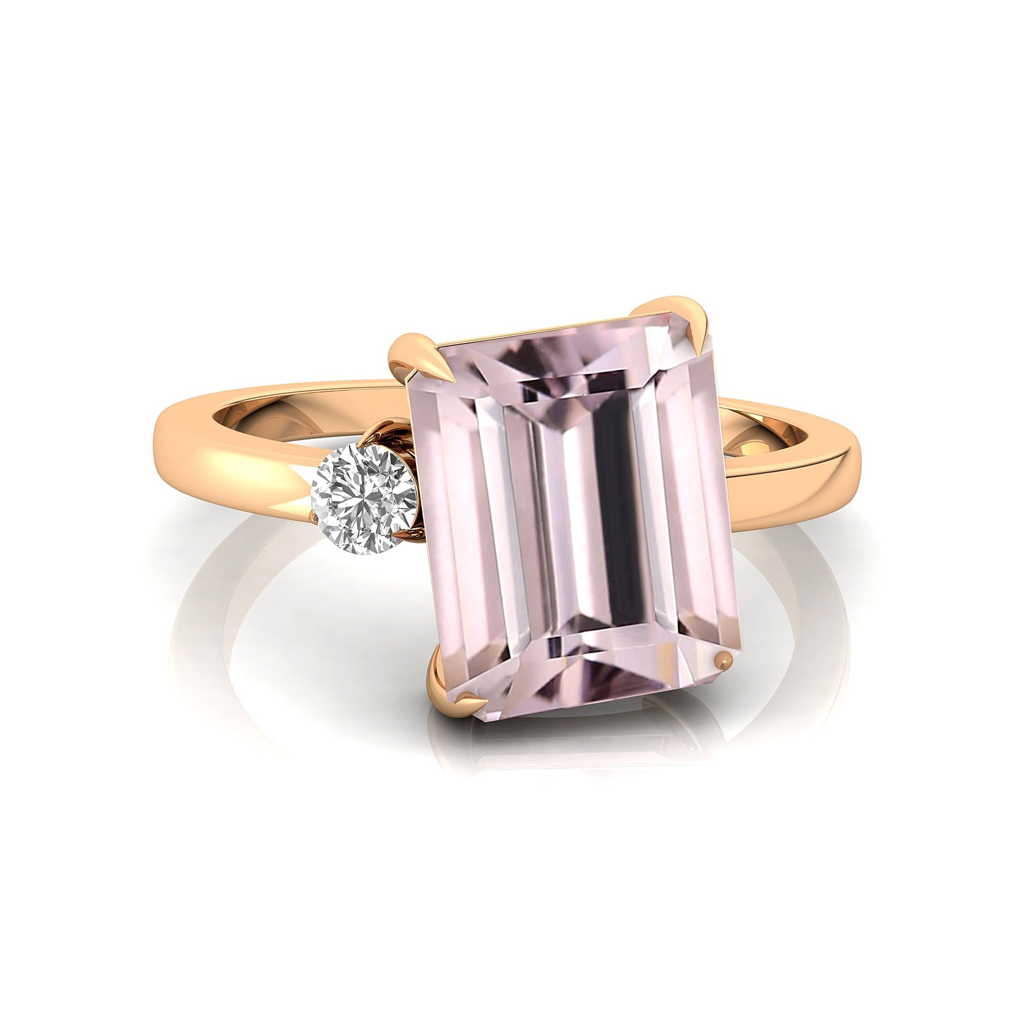 Emerald Shaped Morganite with 3mm Accent Solitaire Engagement Ring - GeumJewels