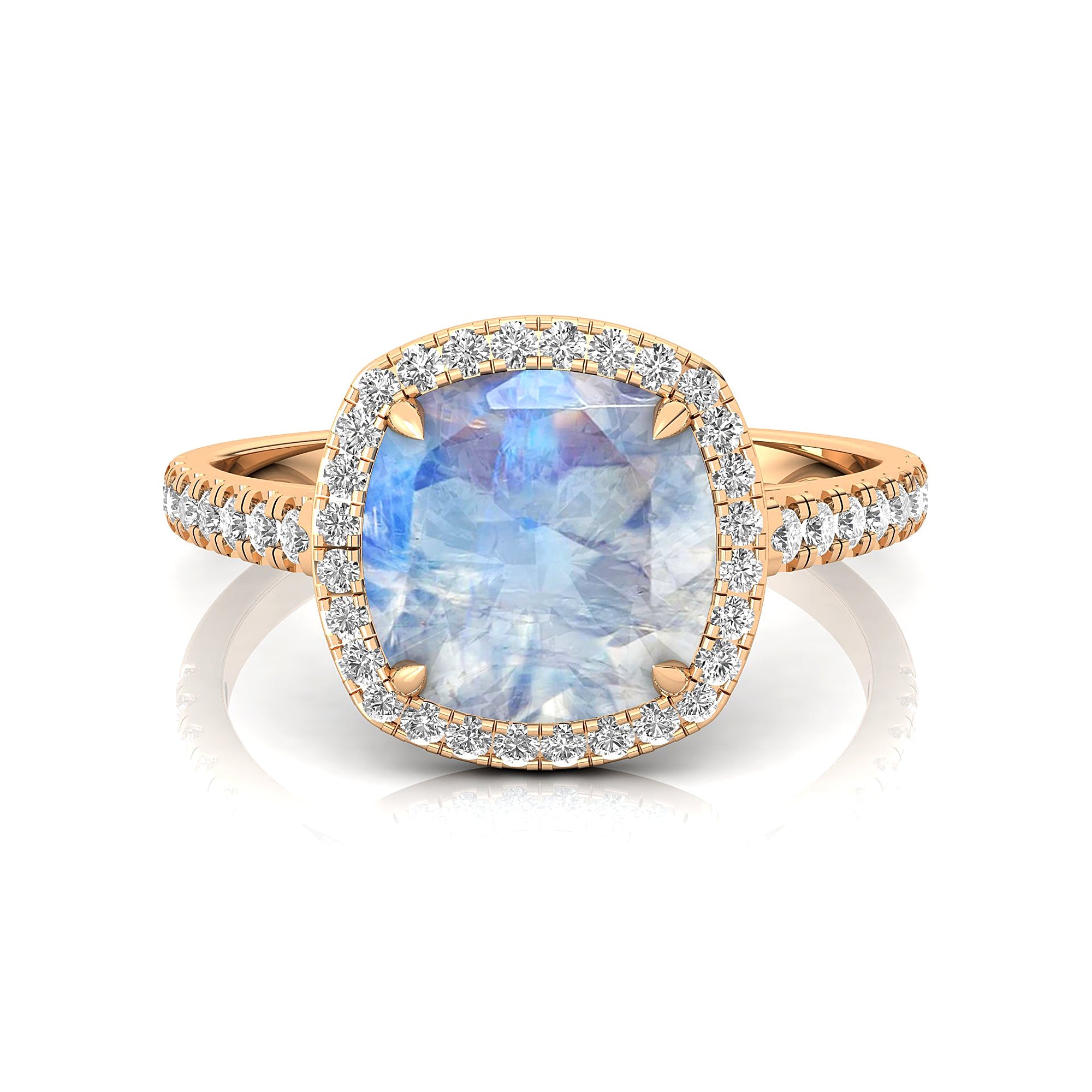 Halo Diamond Engagement Ring with Cushion Cut Moonstone - GeumJewels