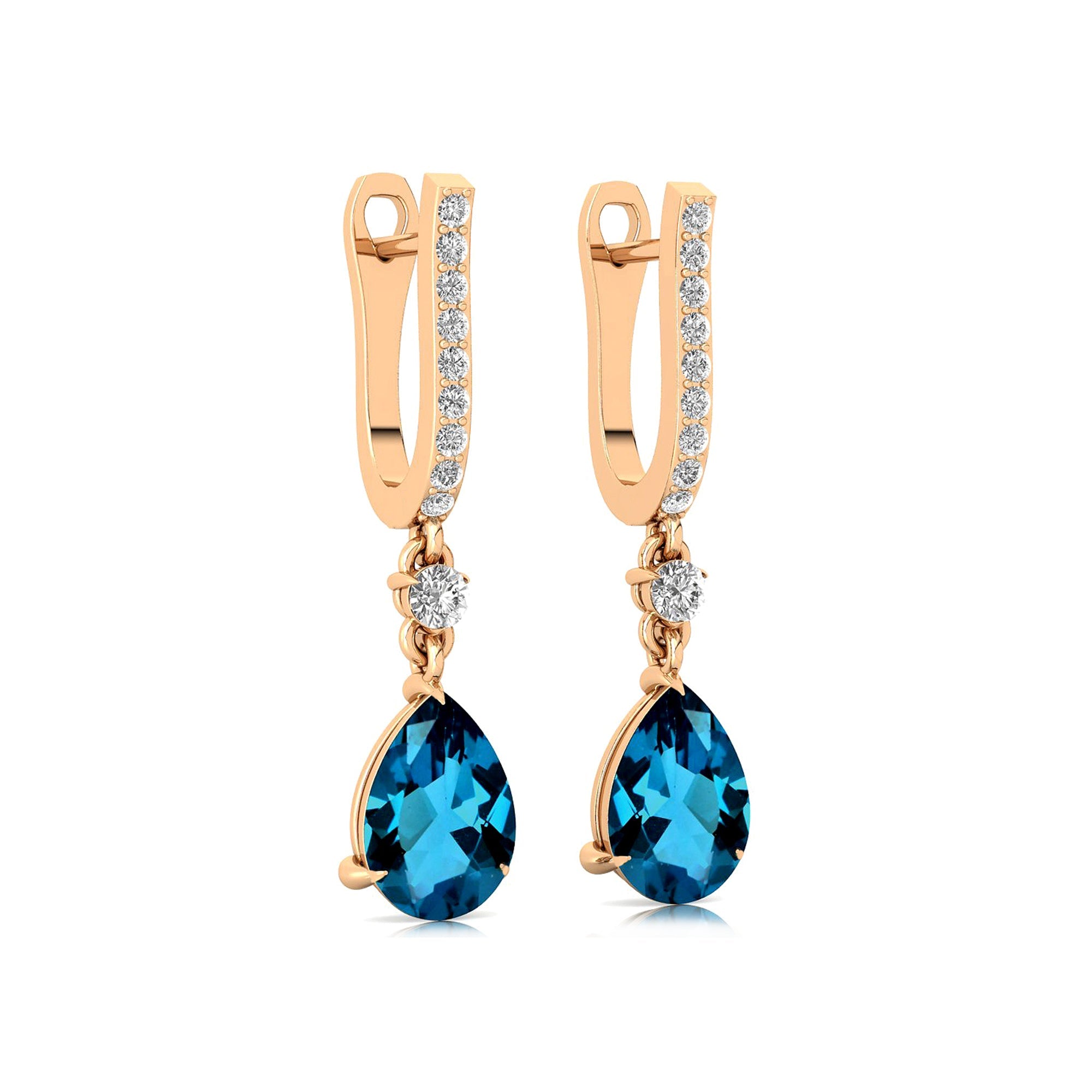 Lever Back Diamond Drop Earrings with Pear Cut London Blue Topaz - GeumJewels