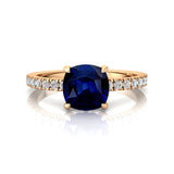 Blue Sapphire Square Cushion Under Halo Diamonds Thin Ring with Diamond Band - GeumJewels