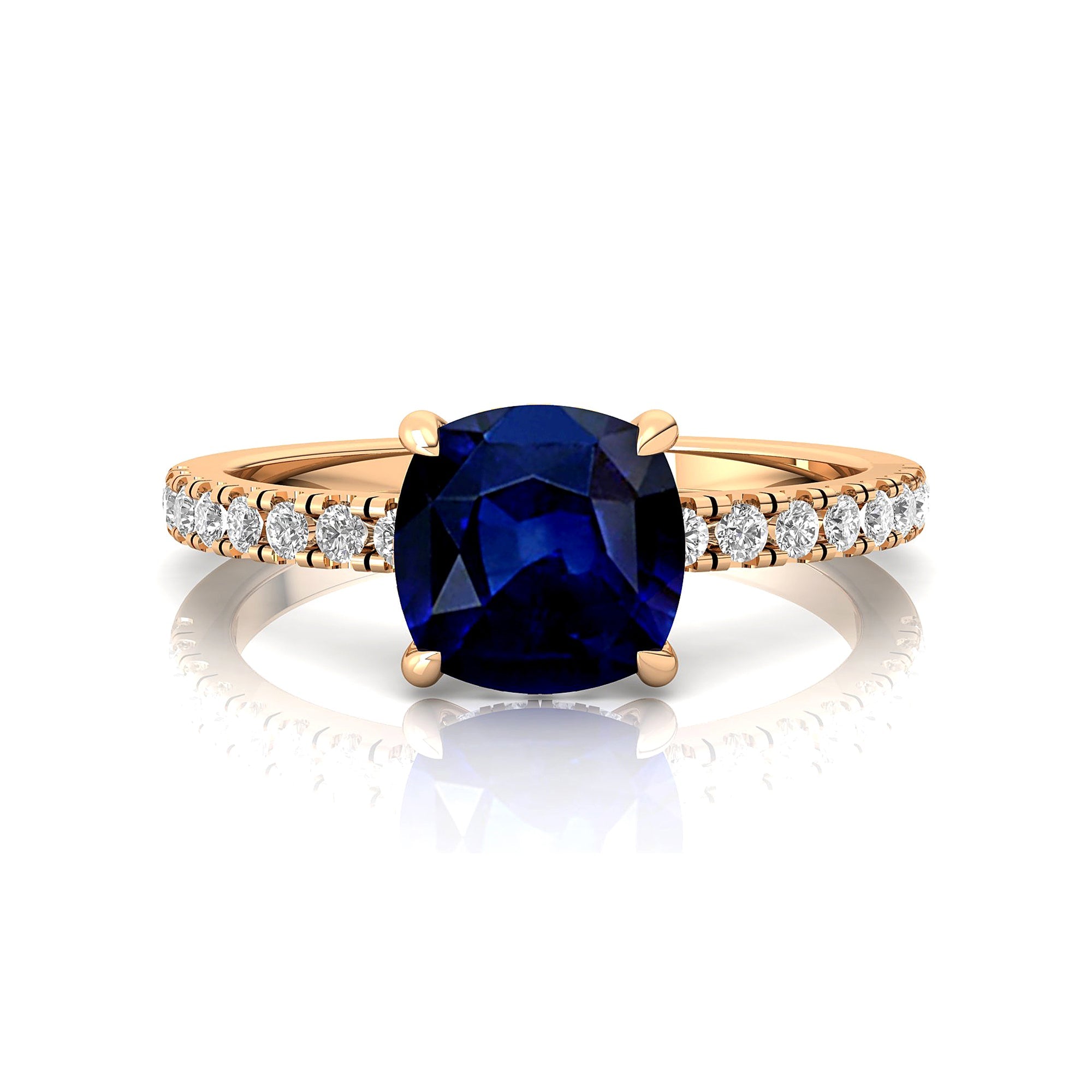 Blue Sapphire Square Cushion Under Halo Diamonds Thin Ring with Diamond Band - GeumJewels