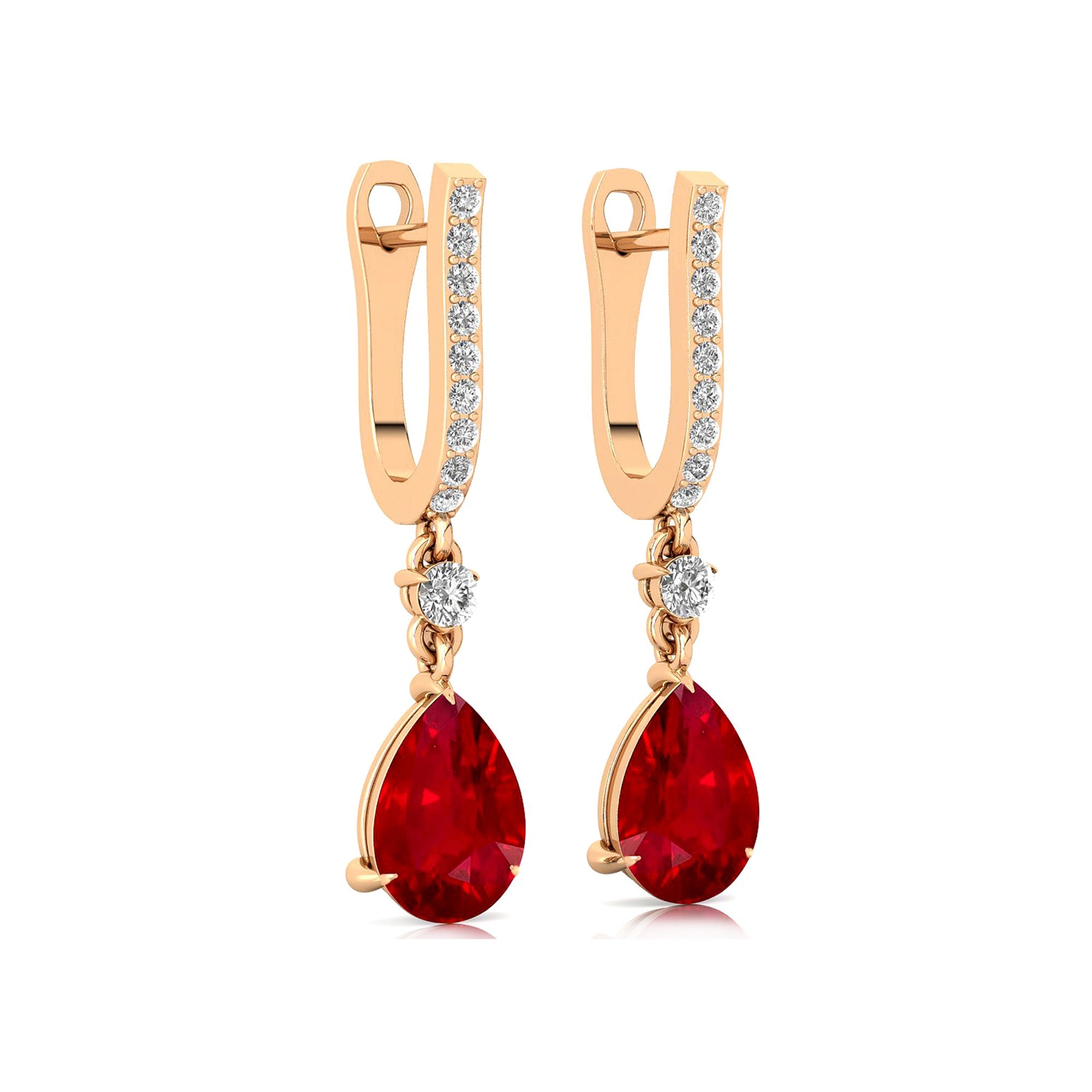 Lever Back Diamond Drop Earrings with Pear Cut Ruby - GeumJewels