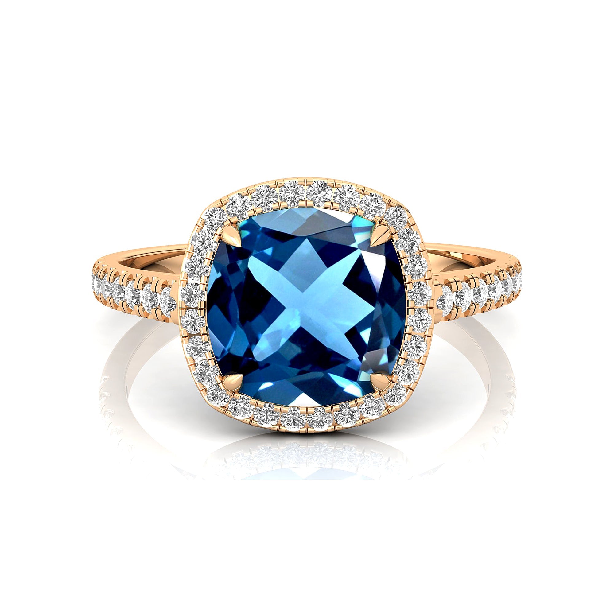 Halo Diamond Engagement Ring with Cushion Cut London Blue Topaz - GeumJewels