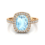 Elongated Cushion Halo Set Aquamarine Engagement Ring with Diamond Band - GeumJewels