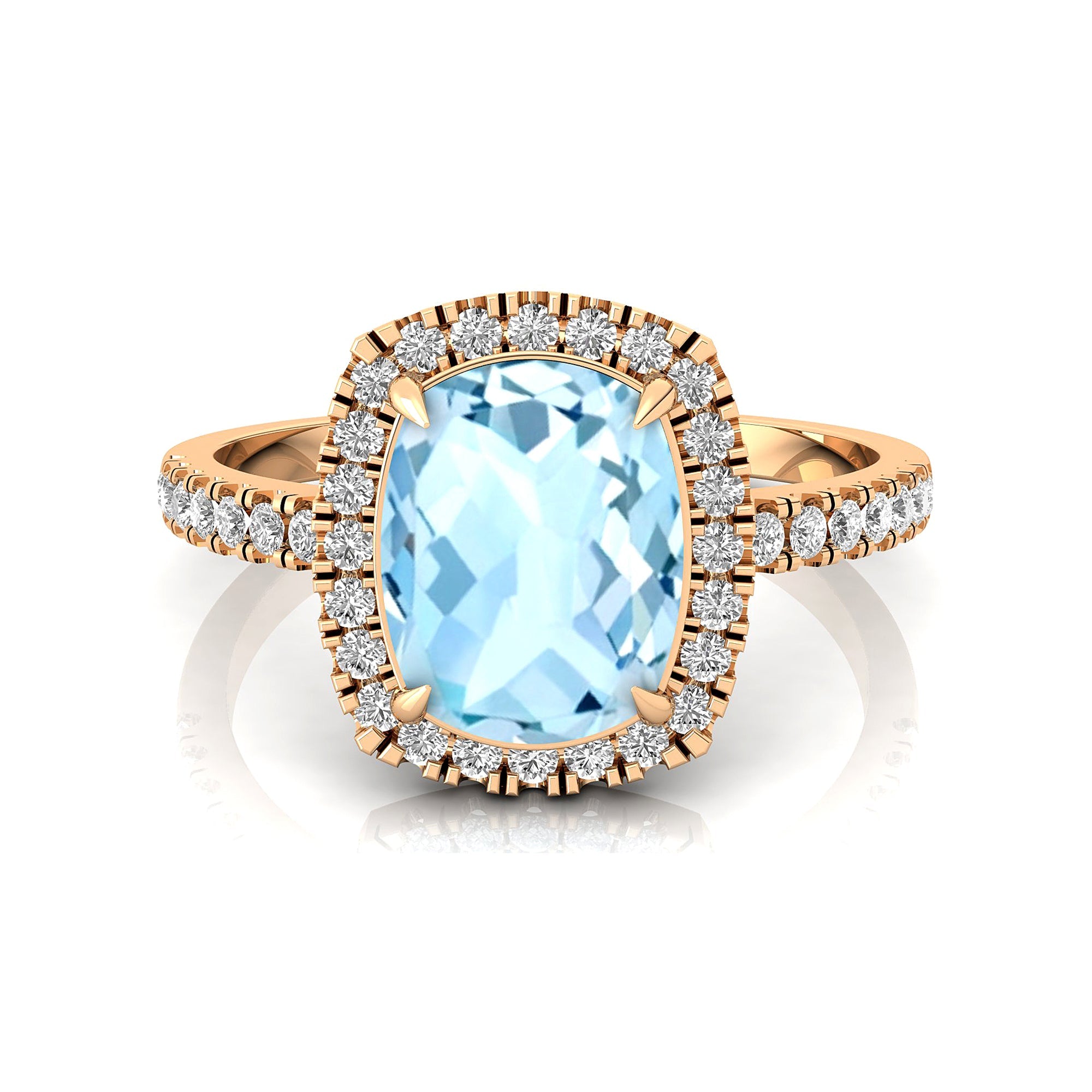 Elongated Cushion Halo Set Aquamarine Engagement Ring with Diamond Band - GeumJewels