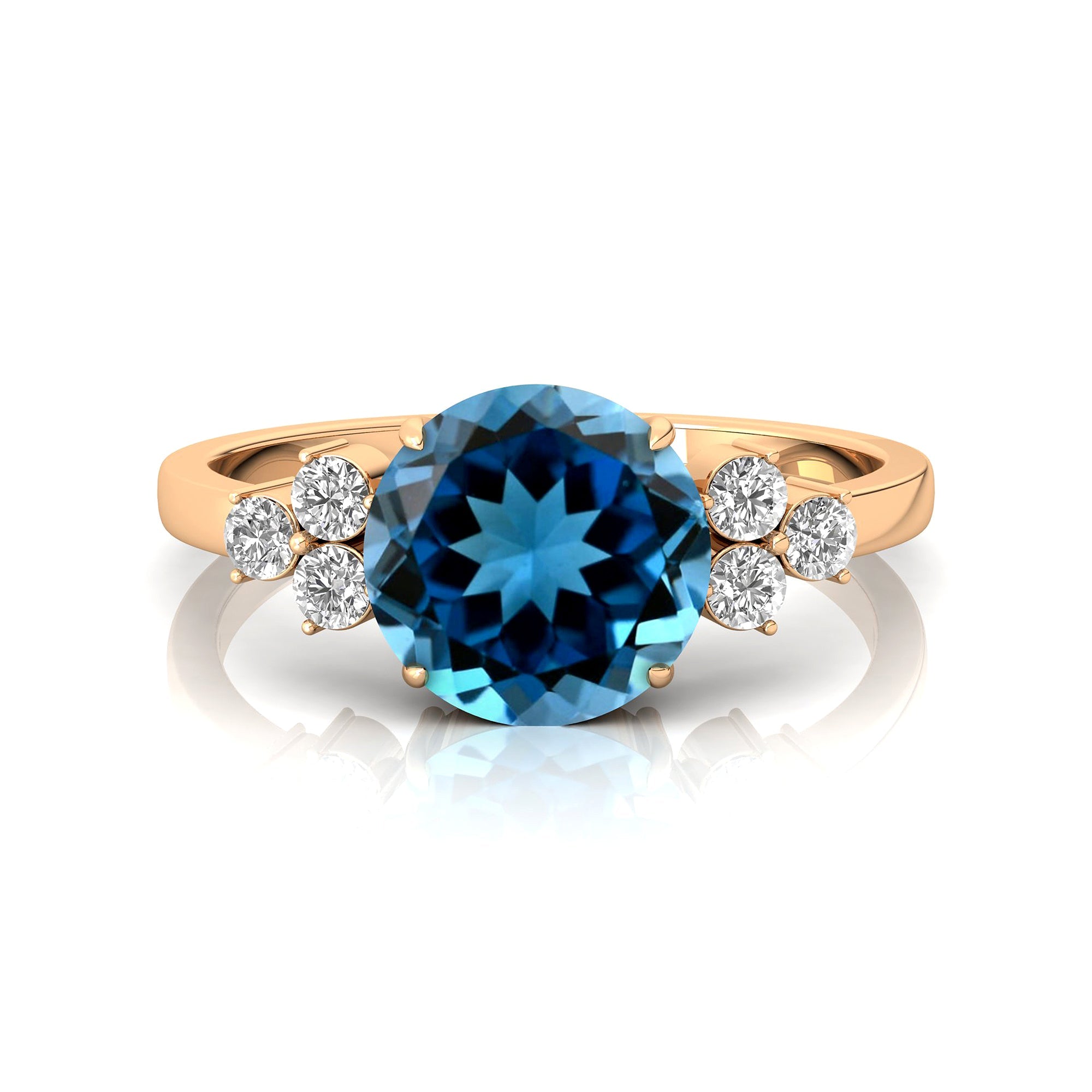 Trio Diamond Engagement Ring with Round Solitaire London Blue Topaz - GeumJewels