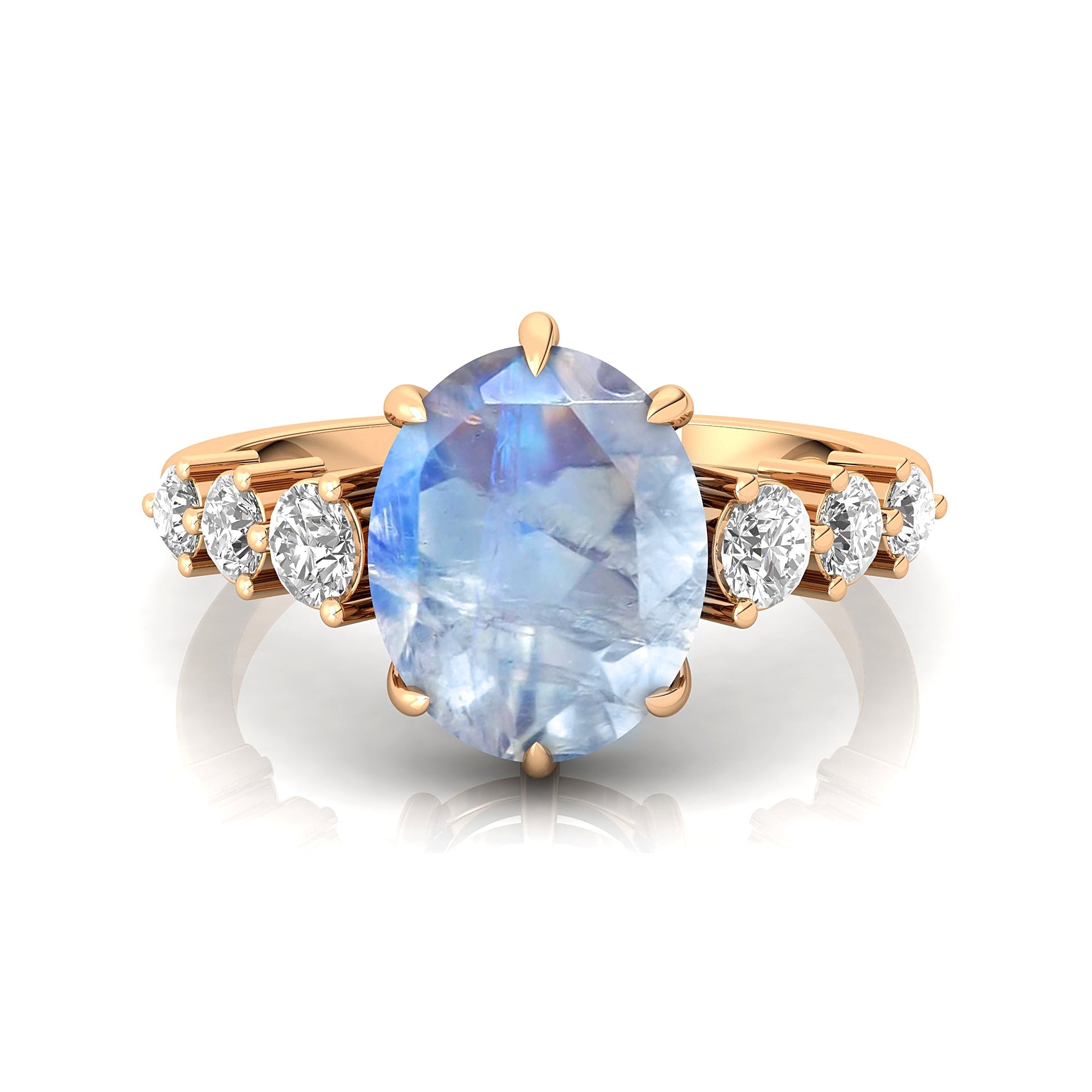 Oval Cut Moonstone with Graduated Diamonds Ring - GeumJewels