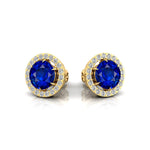 Round Solitaire Blue Sapphire Halo Diamond Stud Earrings - GeumJewels