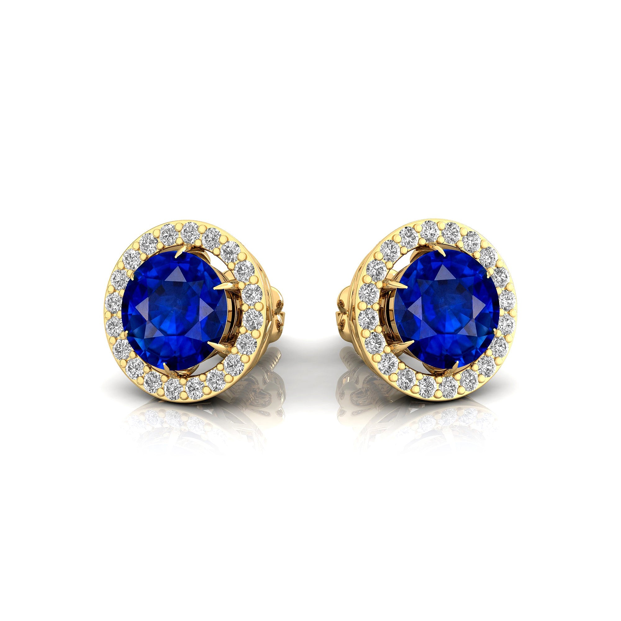Round Solitaire Blue Sapphire Halo Diamond Stud Earrings - GeumJewels