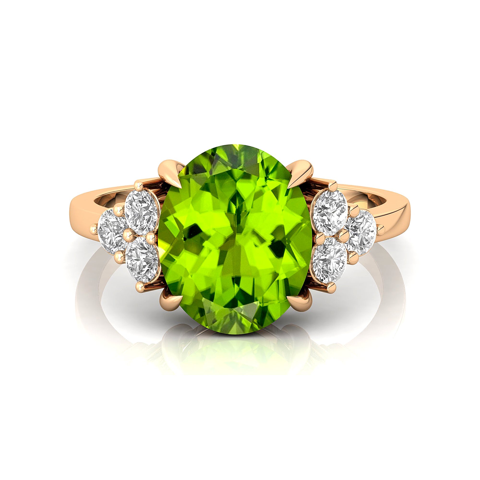 Trio Diamond Engagement Ring with Oval Cut Peridot - GeumJewels