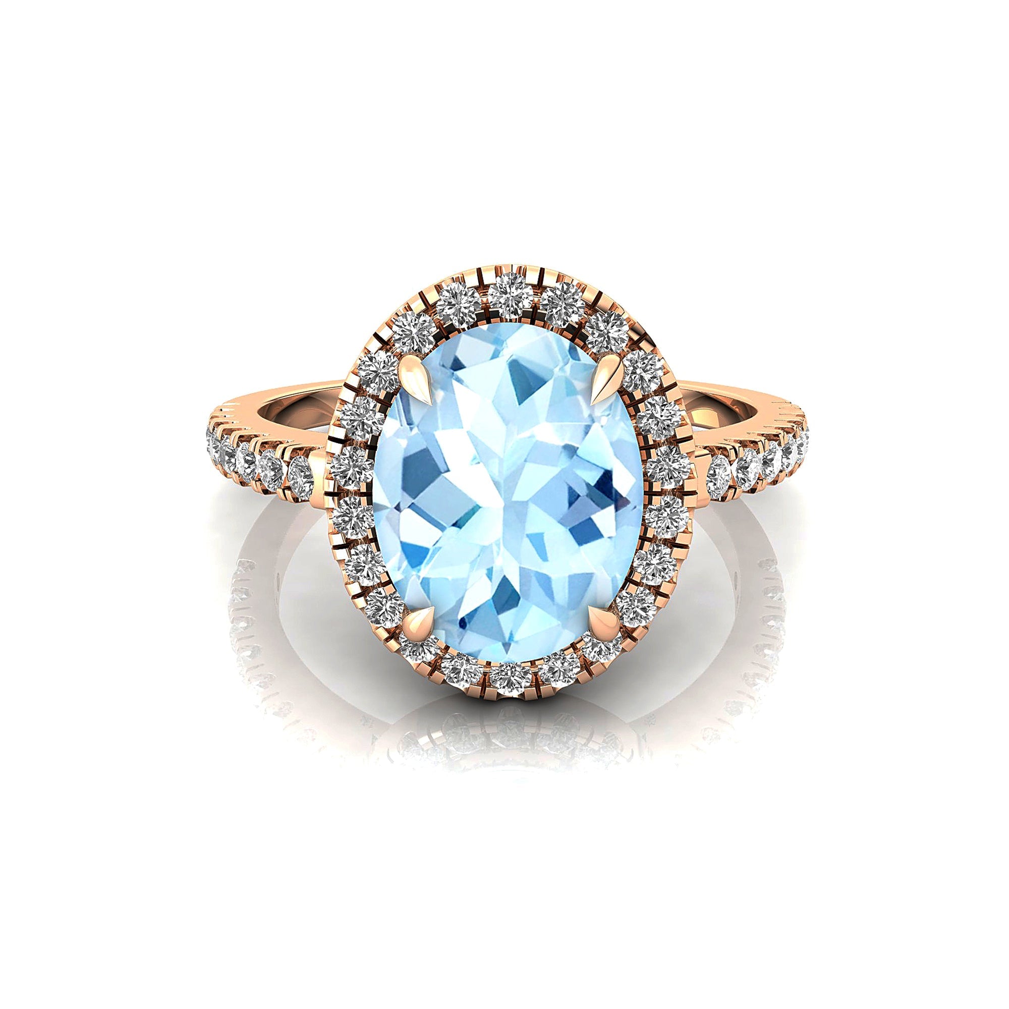 Oval Solitaire Aquamarine Halo Diamond Engagement Ring - GeumJewels