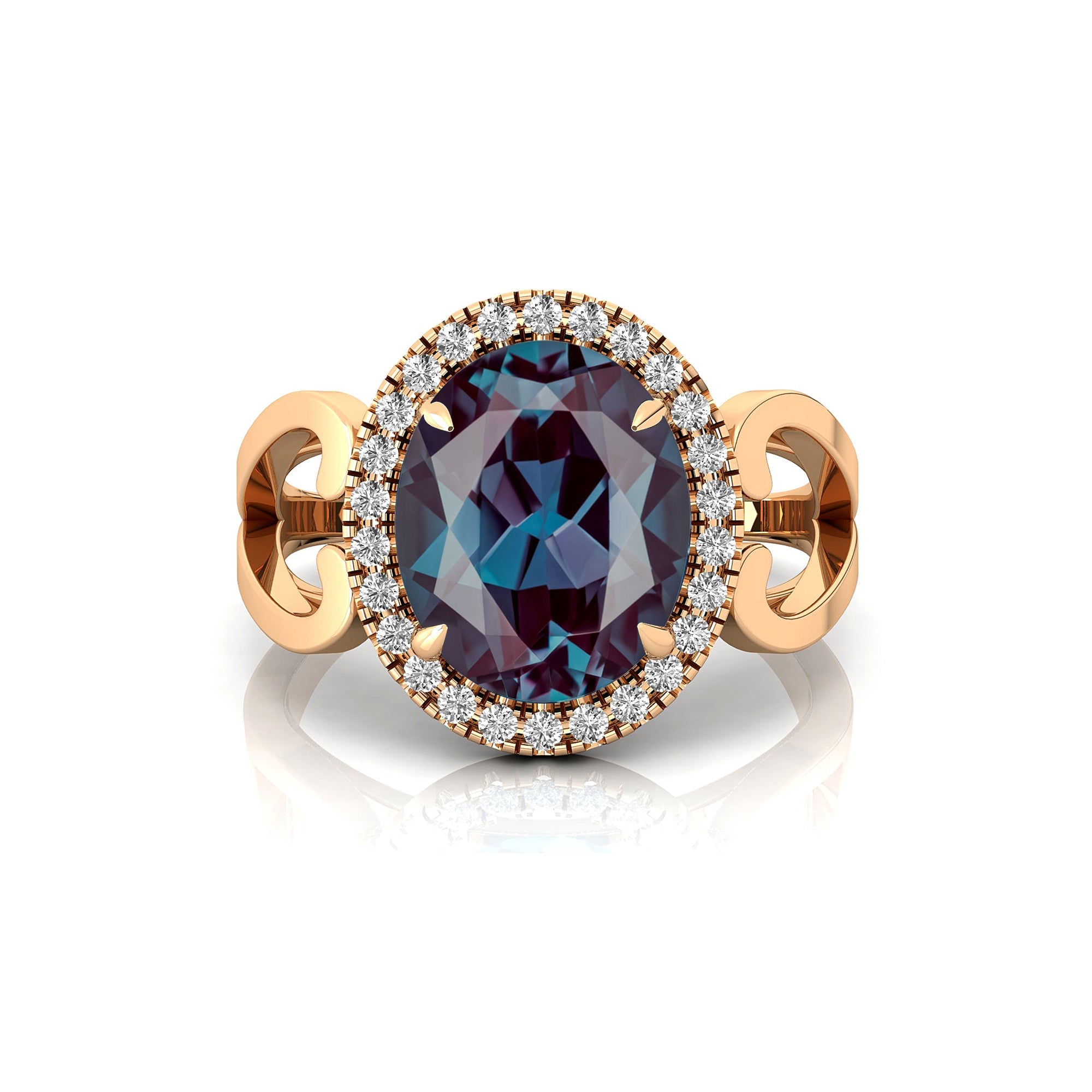 Vintage Love Inspired Oval Alexandrite Halo Diamond Engagement Ring - GeumJewels
